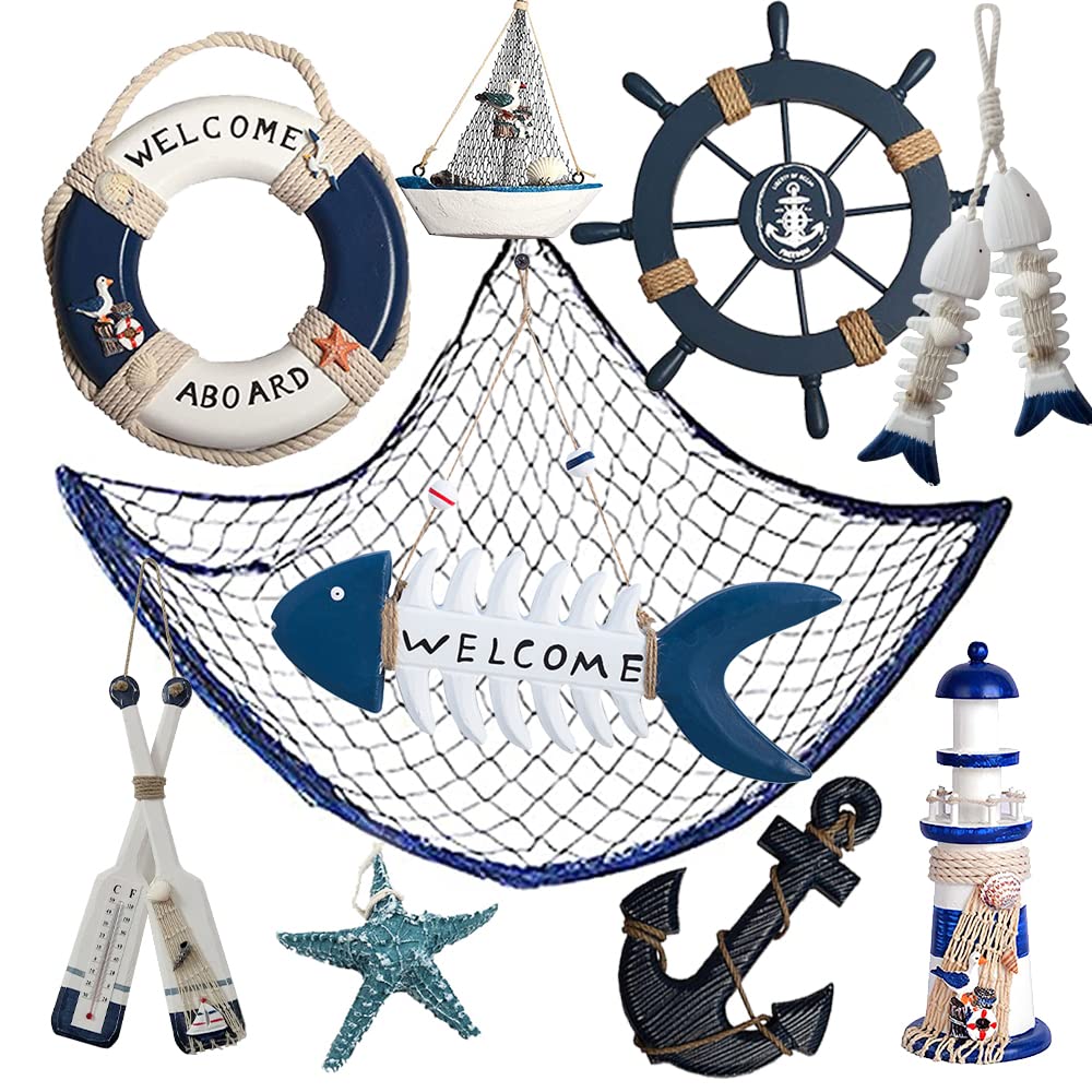 AmaQueen 10 PCS Wood Nautical Wall Hanging Ornament Decoration, Mediterranean Style Beach Wooden Lighthouse, Anchor, Boat,Life R