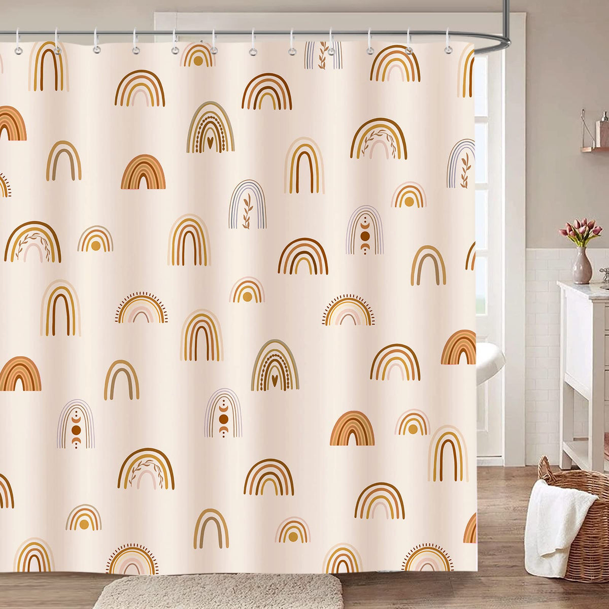 Bonhause Boho Rainbow Shower Curtain 72 X 72 Inch Mid Century Abstract Minimalist Kids Decorative Bath Curtain Polyester Fabric