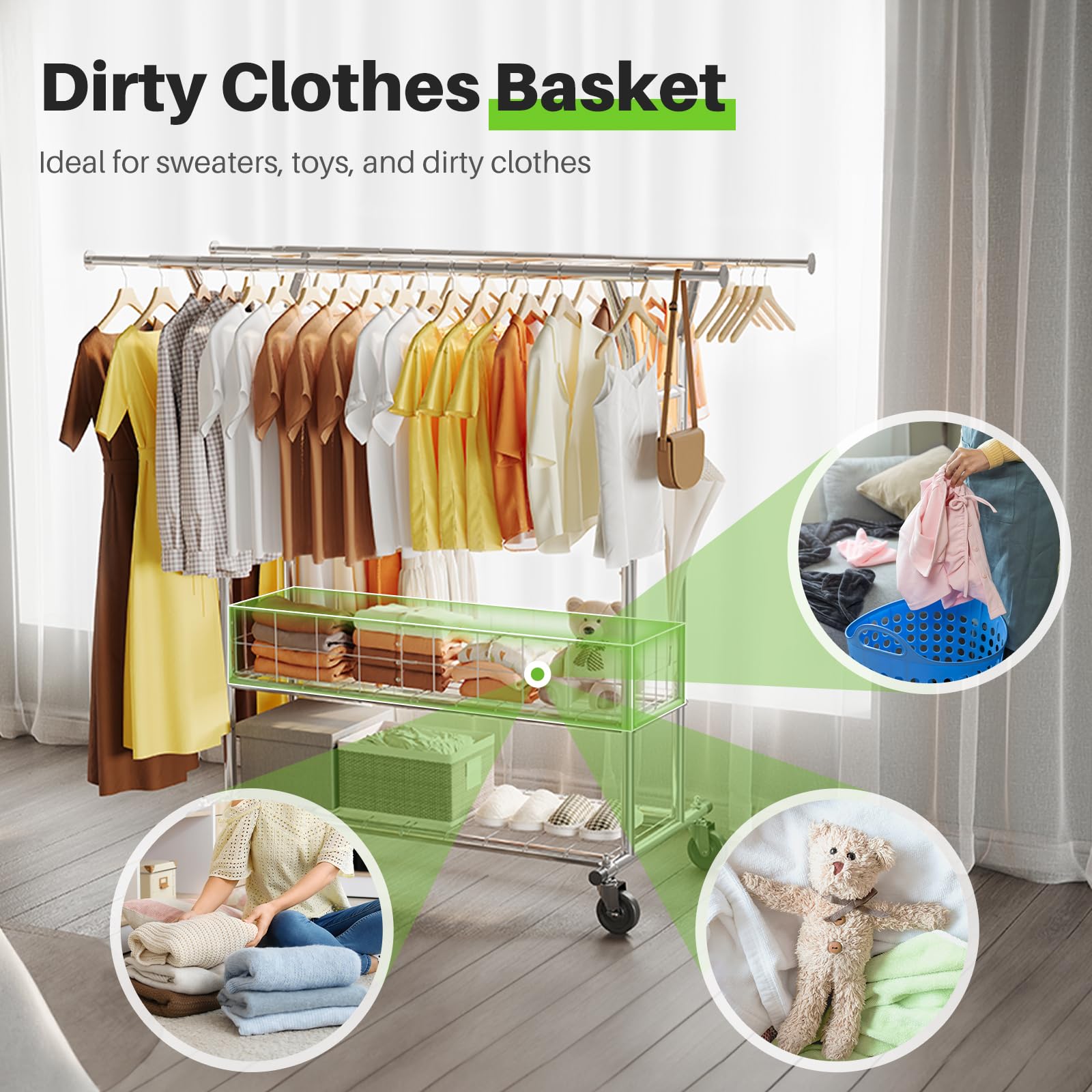 Hokeeper Heavy Duty Clothes Rack, 625 Lbs Clothing Racks With Wheels, Rolling Garment Rack For Hanging Clothes, Commercial Adjus