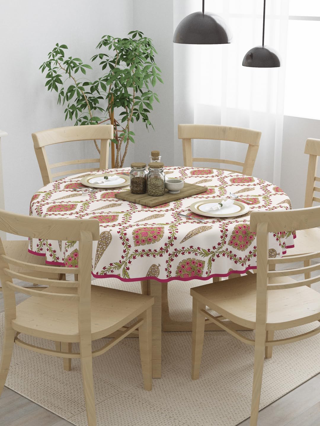 Clasiko 100% Cotton 6 Seater Round Table Cover; 72x72 Inches; Pink Beige Block Print