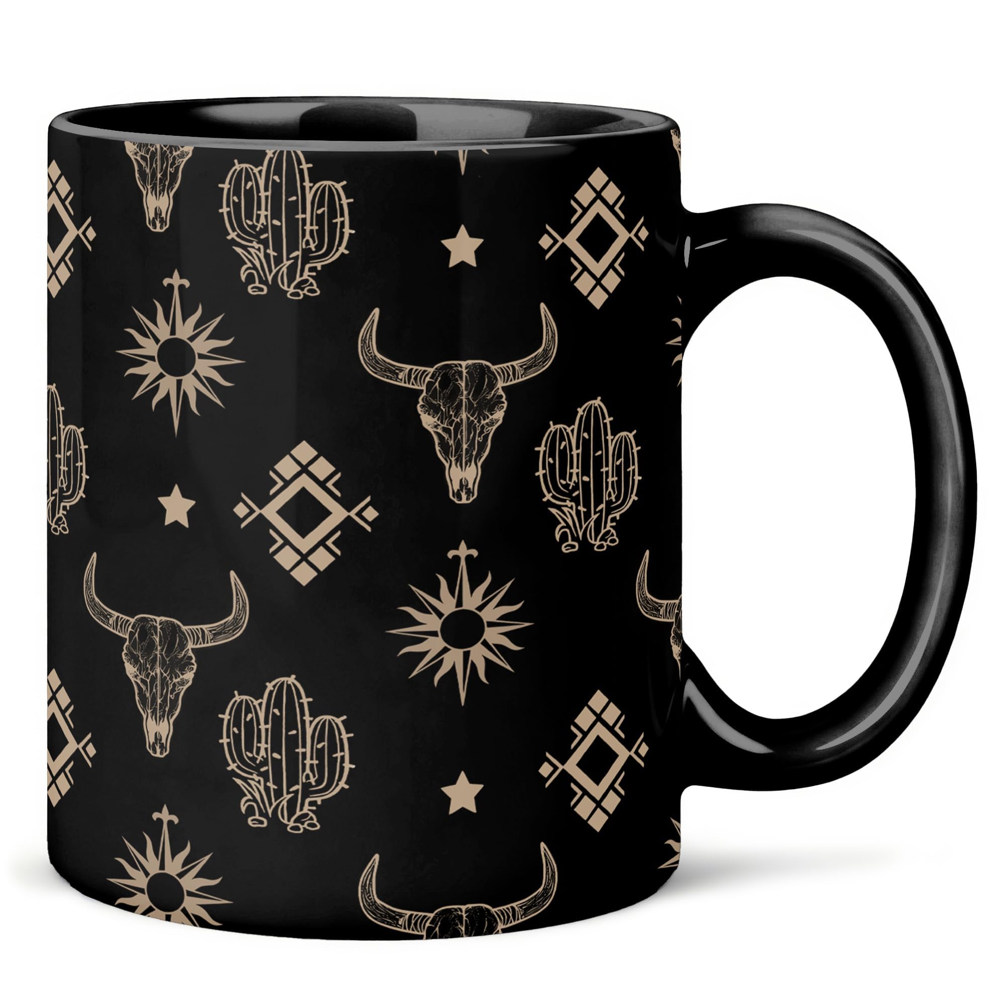 DEQSX Boho Western Bull Skull Mug 11 oz, Western Gifts for Women Men Coffee Cups Ceramic, Black Gold Wild West Aztec Cactus Sun 