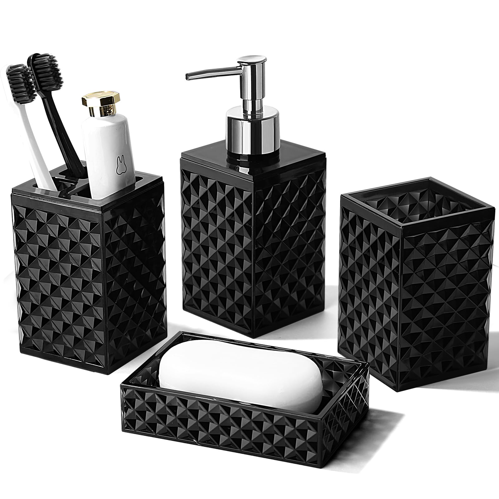 Rytoxilo Black Bathroom Accessories Set, 4 Pack Matte Black Bath Accessory Sets Complete, Acrylic Soap Dispenser And Toothbrush