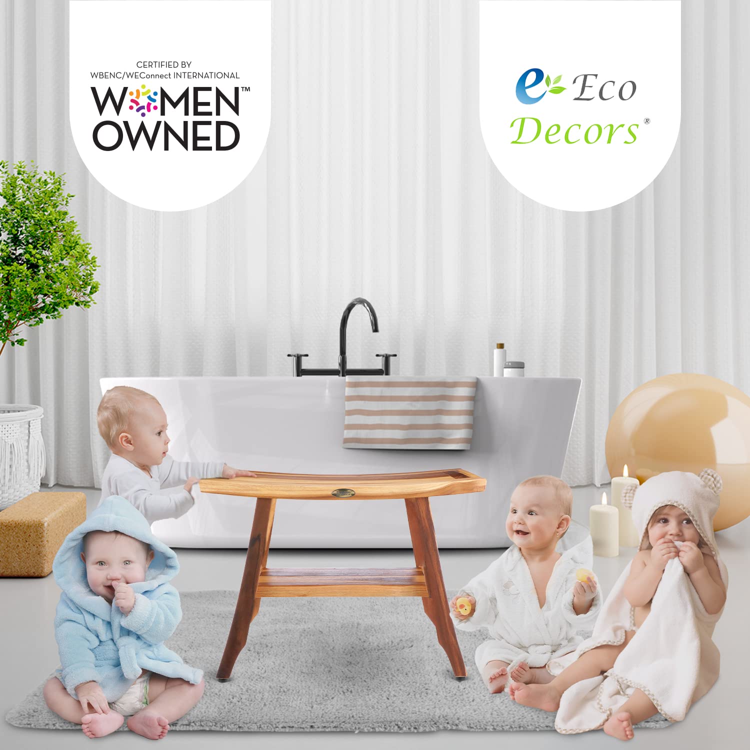Ecodecors, Satori, 24'', Teak Shower Bench, Wooden Bench, Teak Shower Stool, Bathroom Bench, Teak Bathroom Bench, Shower Bench T