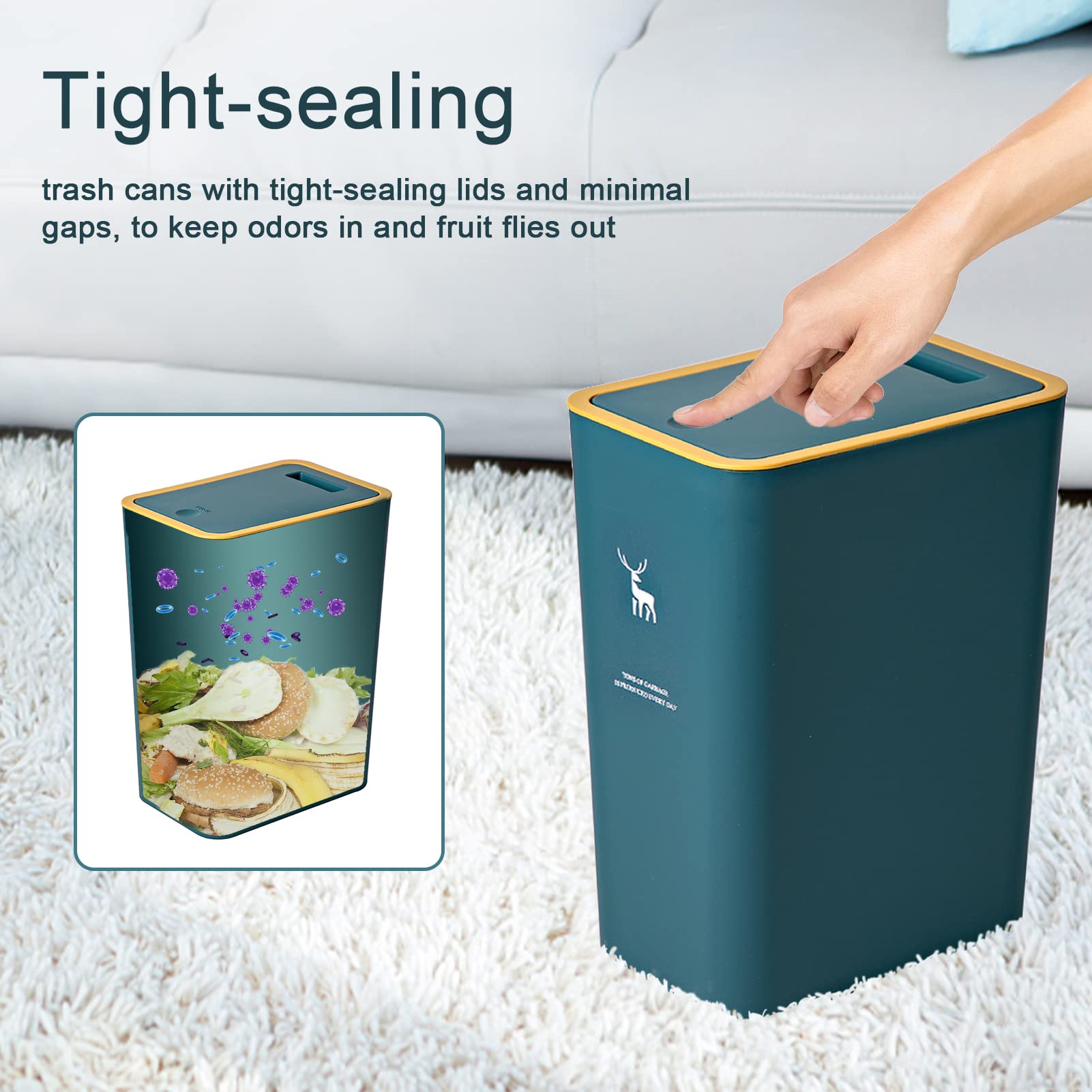 Xpiy Trash Can With Lid, 2 Pack 4 Gallons/15 Liters Garbage Can With Press Top, Small Trash Can Dog Proof, Plastic Trash Bin, Wa