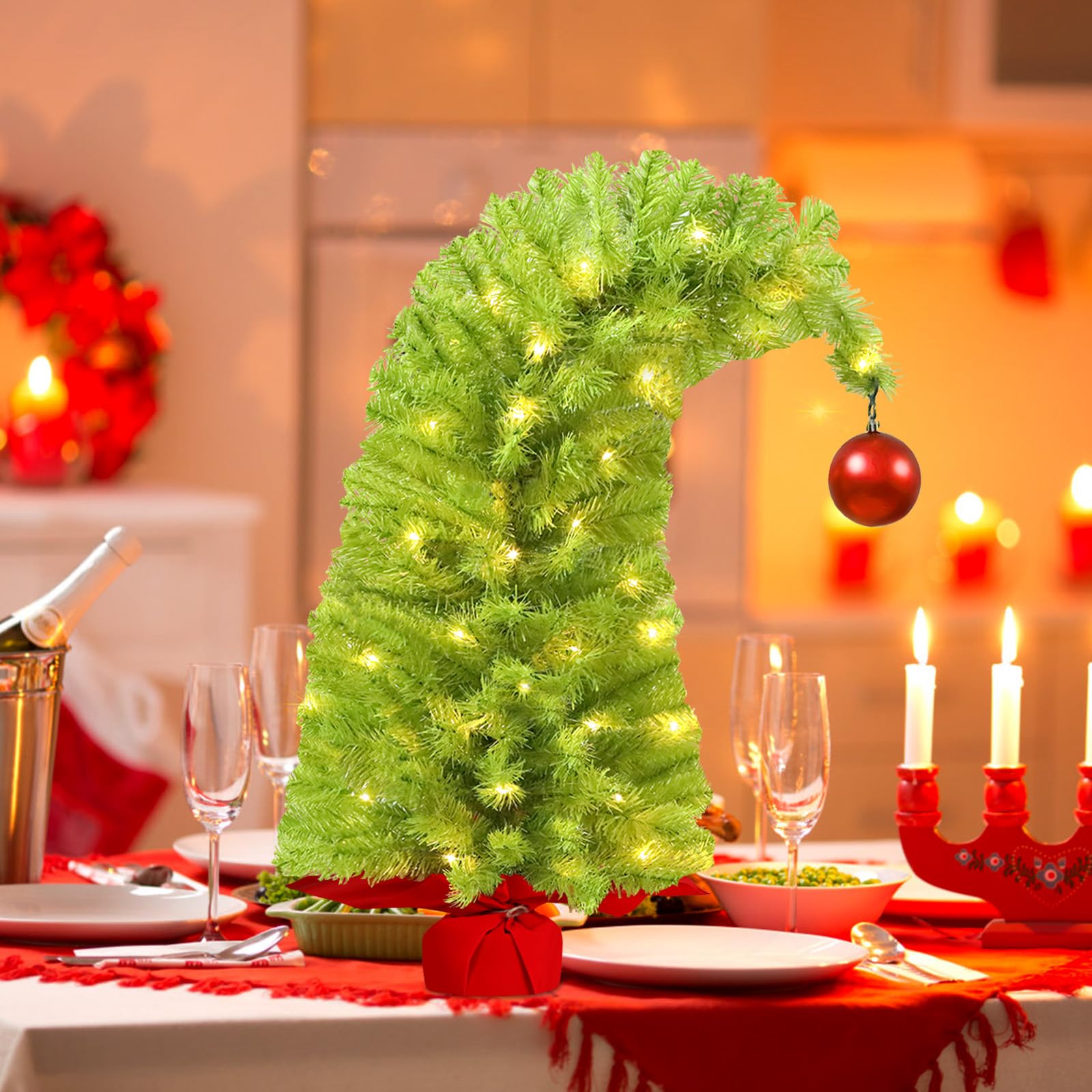 HMASYO Whimsical Small Tabletop Christmas Tree with Lights and Red Ball, 26.8 Bendable Lime Green Artificial Table Top Christmas