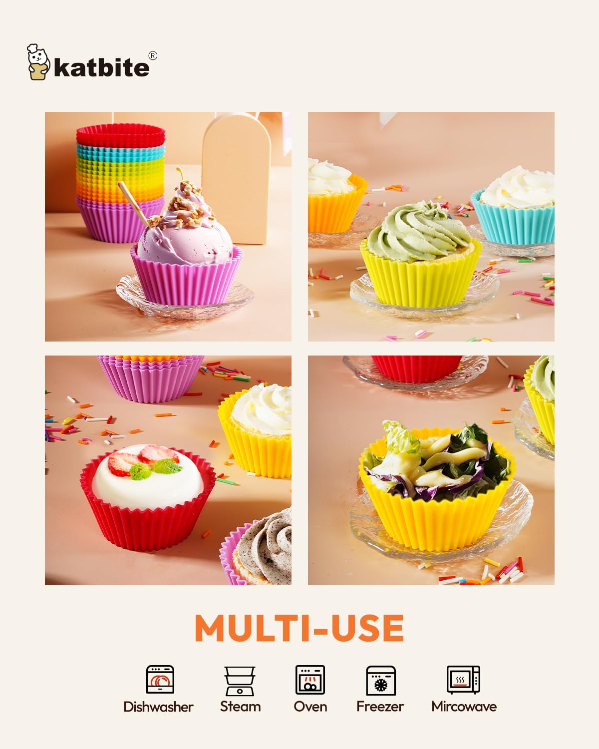 Katbite Reusable Silicone Baking Cups 24 Pack - Non-Stick Muffin Cupcake Liners Set, Thick & Heavy Duty Cupcake Molds - Perfect