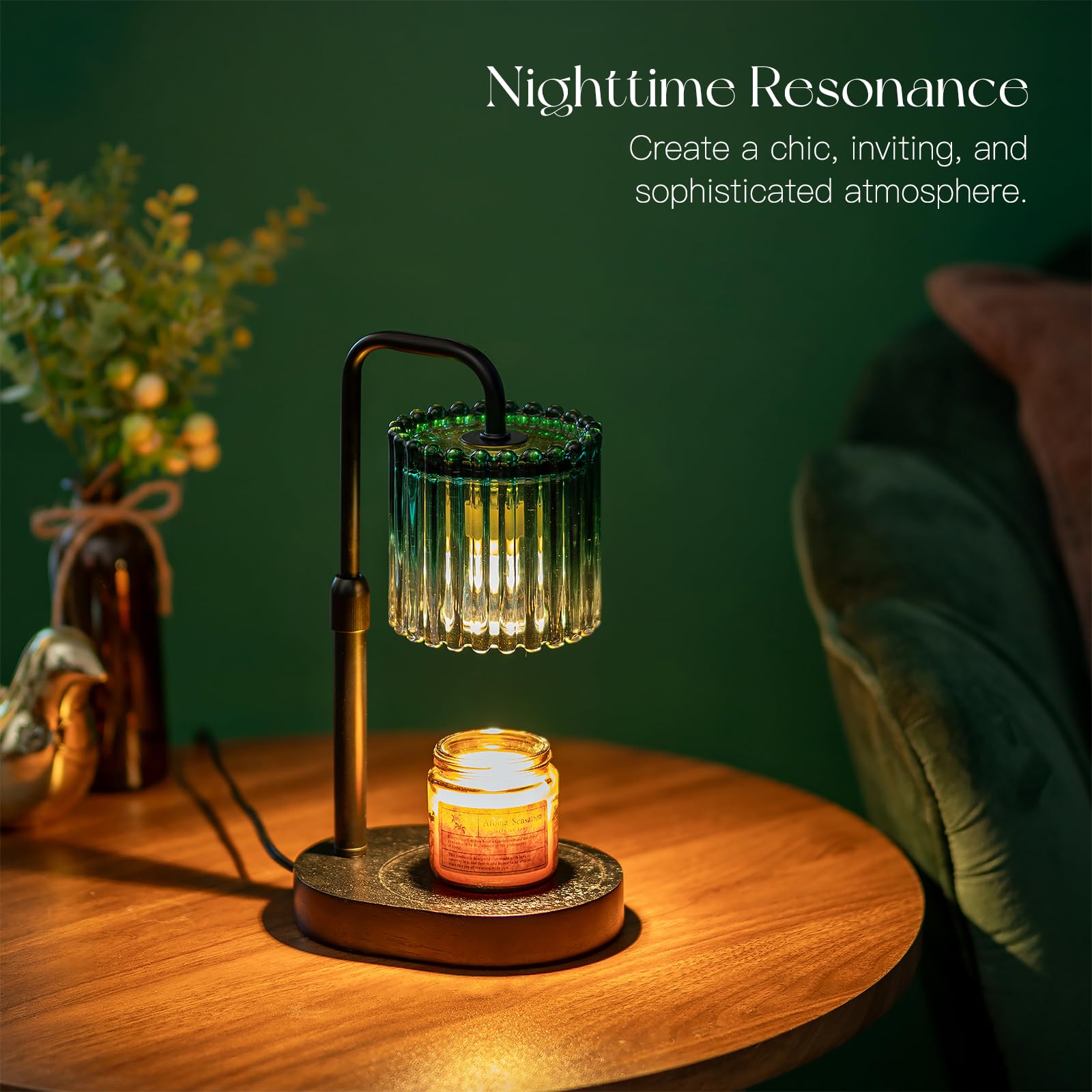 Candeldo Candle Warmer Lamp with Timer: Emerald Green Candle Warming Lamp with 2 Bulbs Height Adjustable Wax Melt Dimmable Bedro