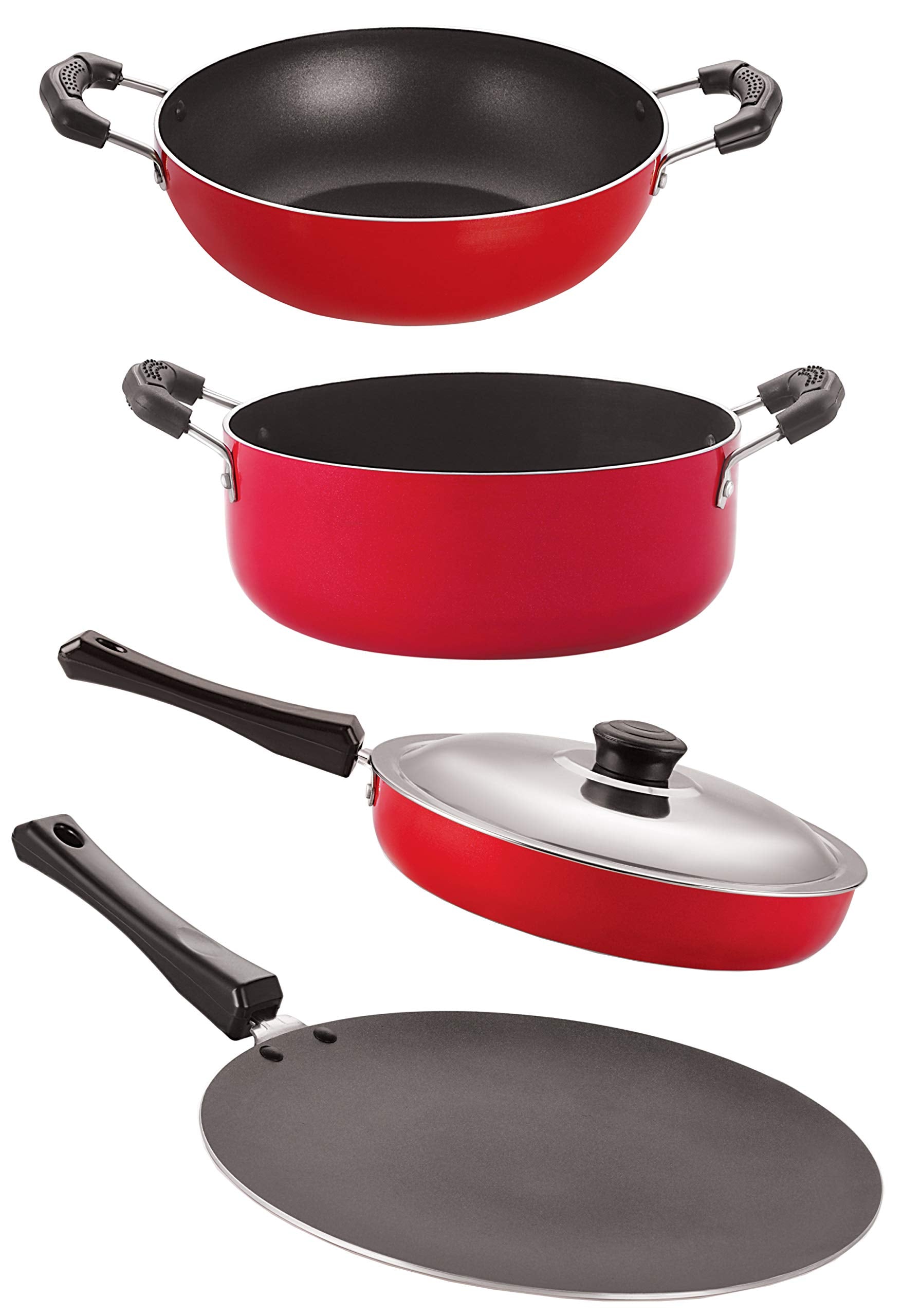 Nirlon NonStick Aluminium Cookware Gift Set,4 Pieces (Red & Black) (Ct12_Fp13_Kd10_Cs24)