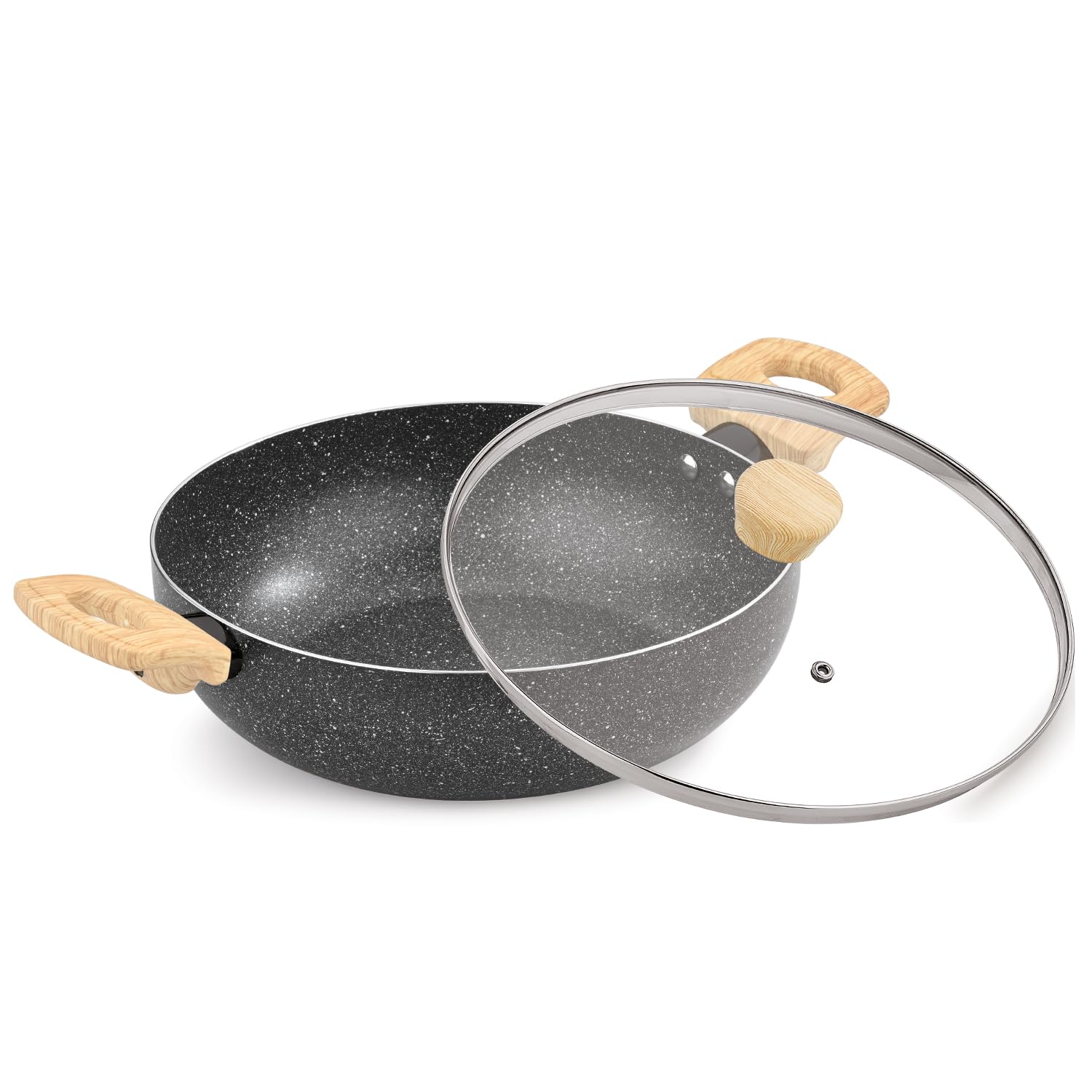 Bergner Earth Black Non-Stick 28 Cm Kadai With Glass Lid, 5.2 L Kadhai With Wooden Finish Soft Touch Handle, 2.5Mm Thickness, Co