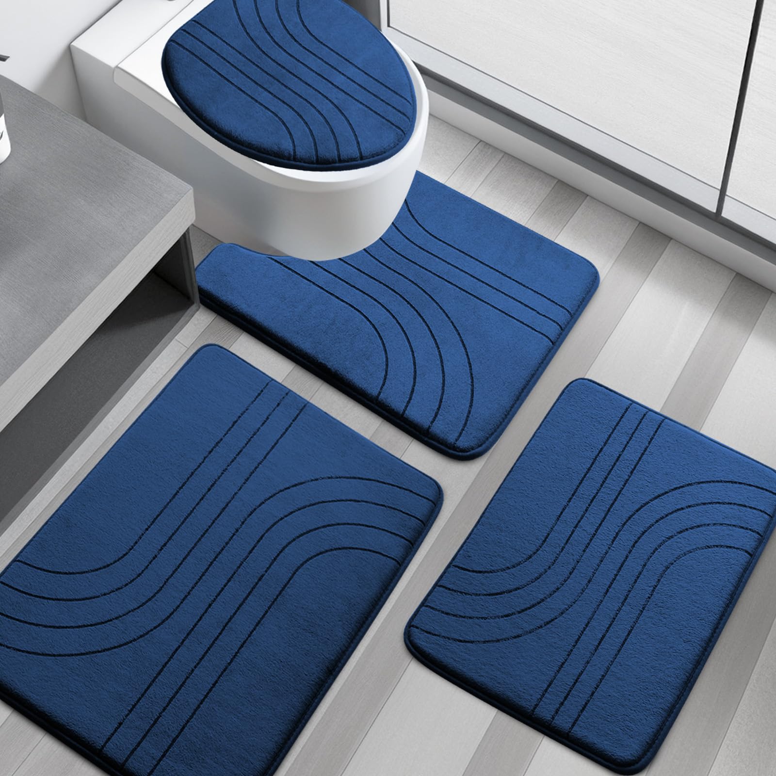 Yihouse Blue Memory Foam Bathroom Rugs Set 4 Pieces, Soft Non Slip Bathroom Mats Set, Extra Thick Bath Mats For Bathroom, Machin
