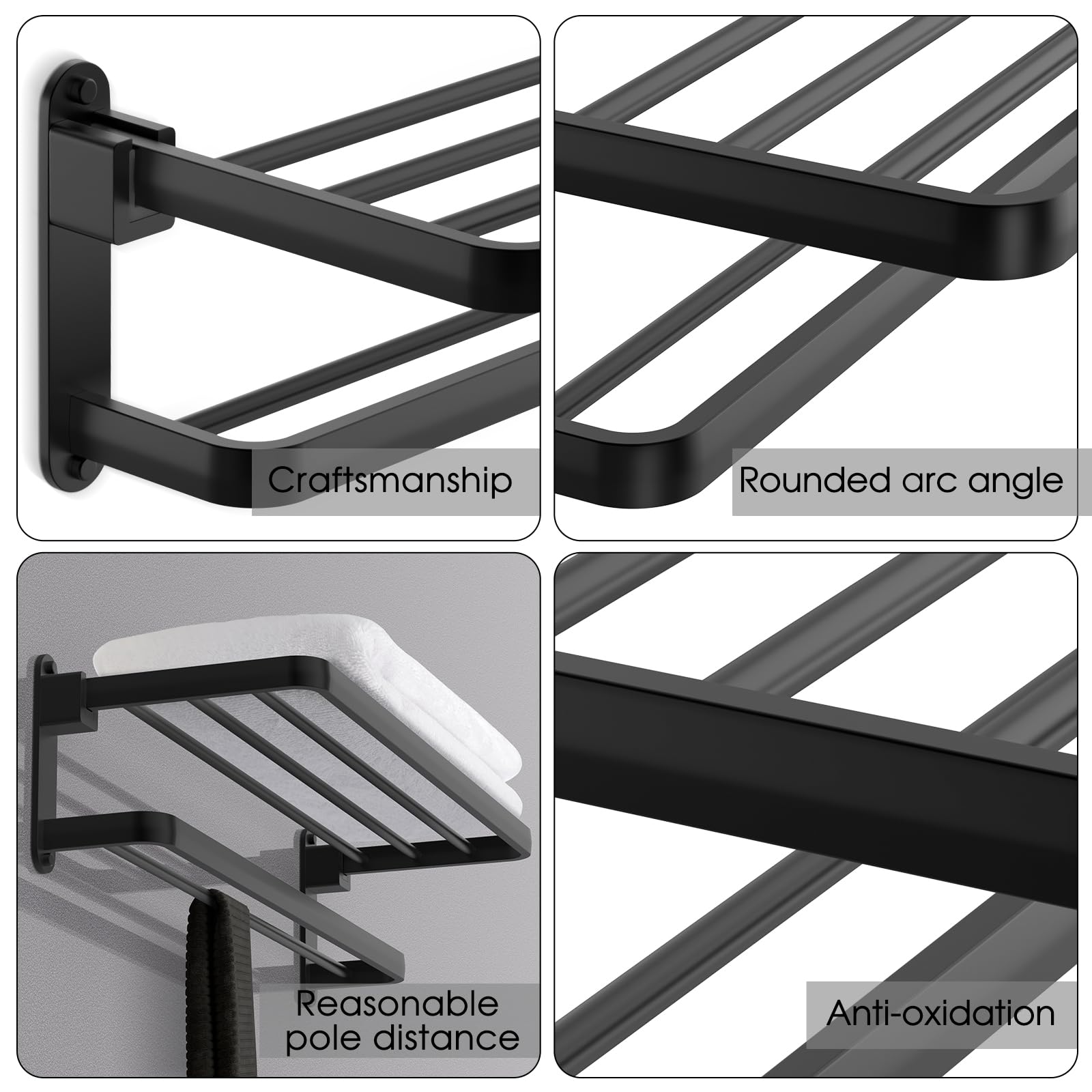 Bozwell Bathroom Lavatory Towel Rack With Two Towel Bars,20-Inch Towel Holder With Shelf Bz105-A (Matte Black)