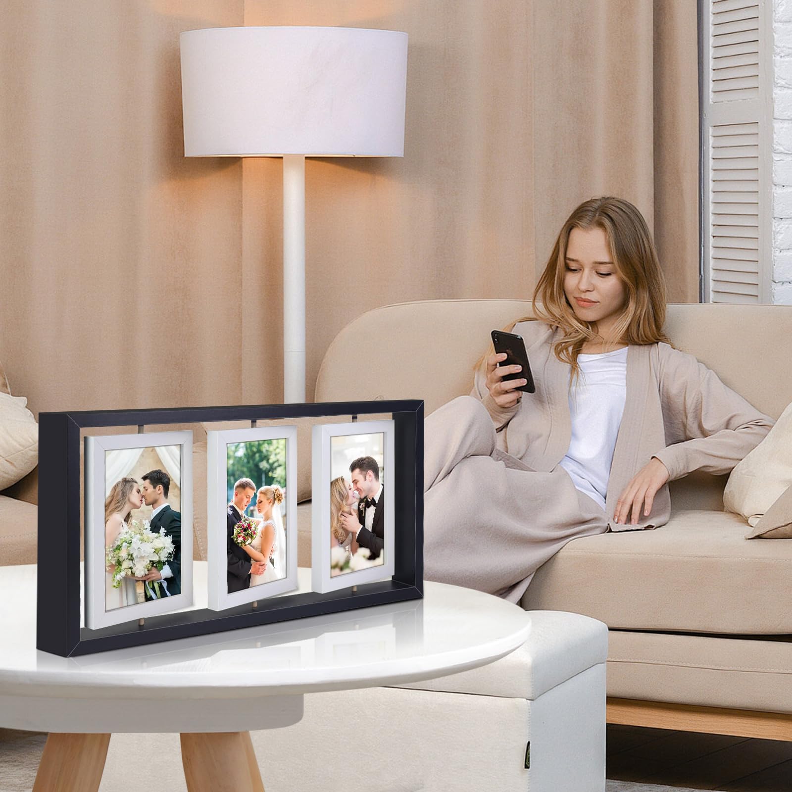 ZEEYUAN 4x6 Desk Picture Frame Rotating Double-Sided Picture Frame, 4x6 Tabletop Wooden Collage Family Pictures Frame for Office