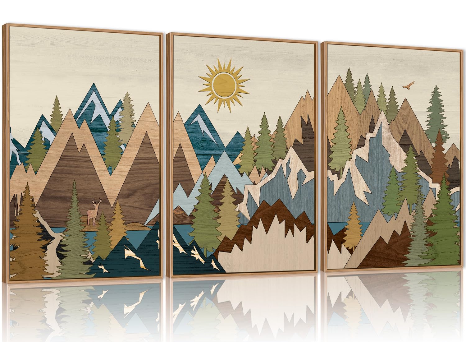 Fwiexa Mountain Woodcut Style Canvas Wall Art Set Of 3, Sunrise Pine Tree Wall Decor, Forest Animal Painting, Nature Wilderness 