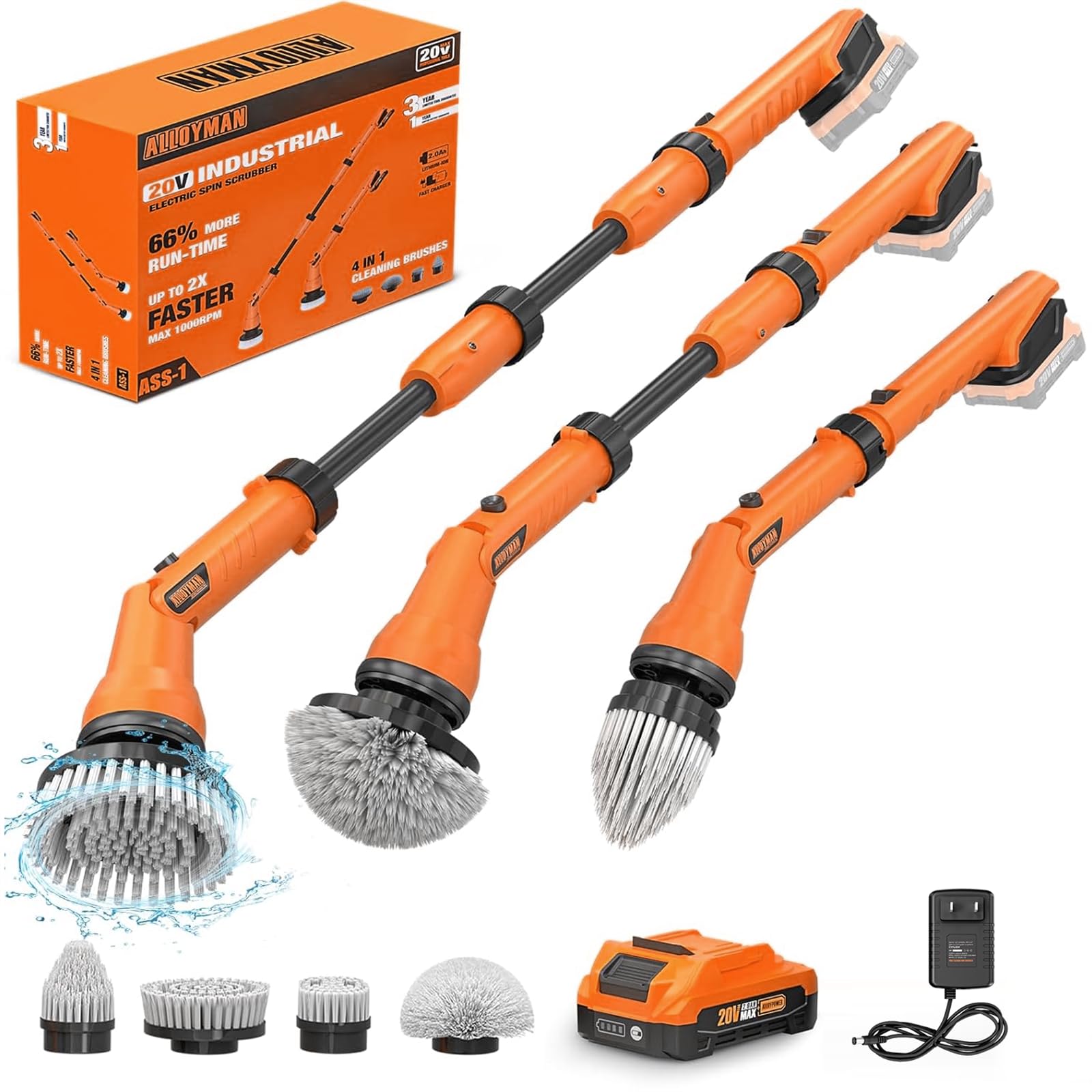 1000RPM Electric Spin Scrubber  20V Cordless Cleaning Brush with Adjustable Extension Arm  4 Replaceable Cleaning Heads  Hook and Gloves  1 Hour Fast Charge  Waterproof - for Bathroom/Tub/Tile/Floor