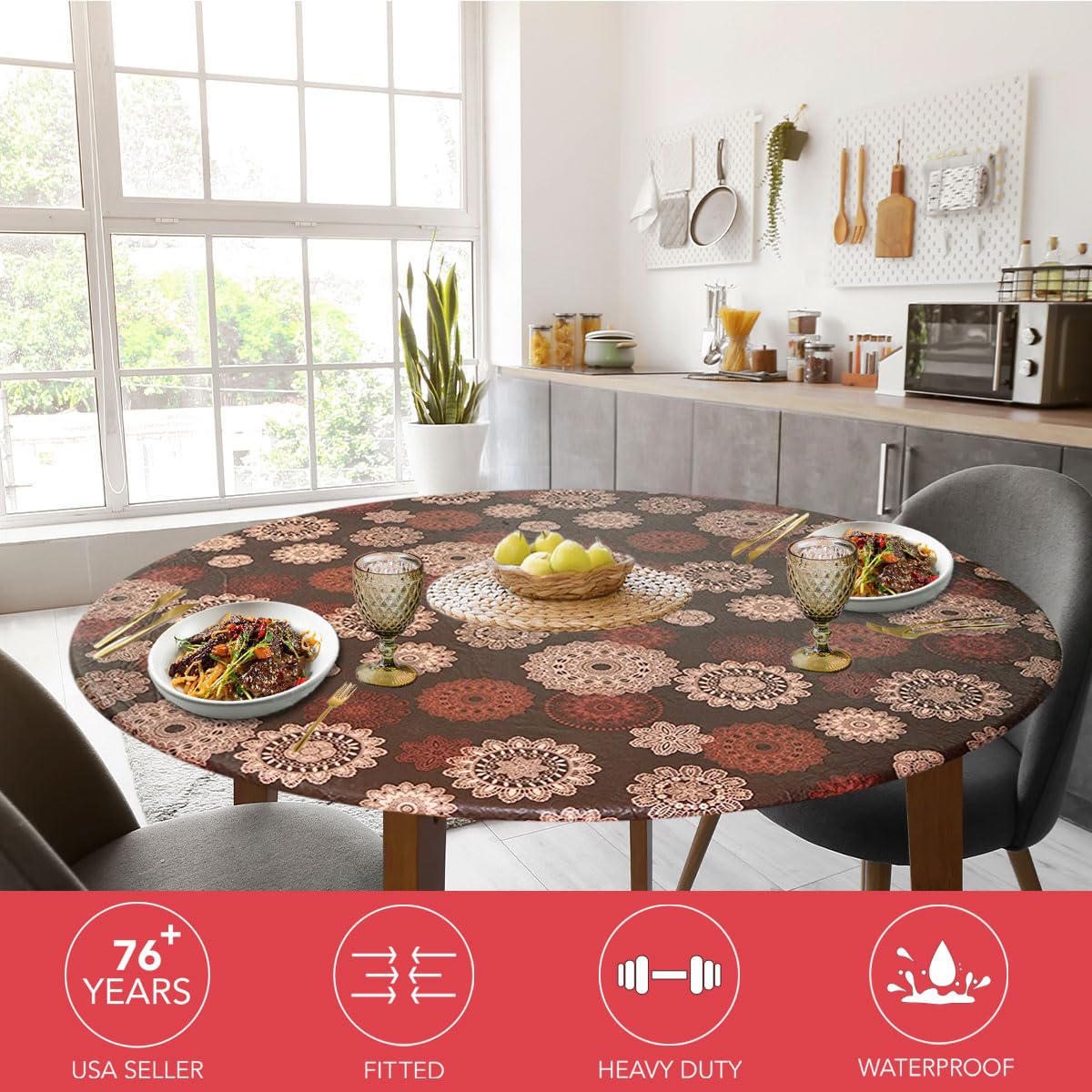 Laminet Elastic Fitted Table Cover - Medallion - Large Round - Fits Tables Up To 45 - 56    Diameter