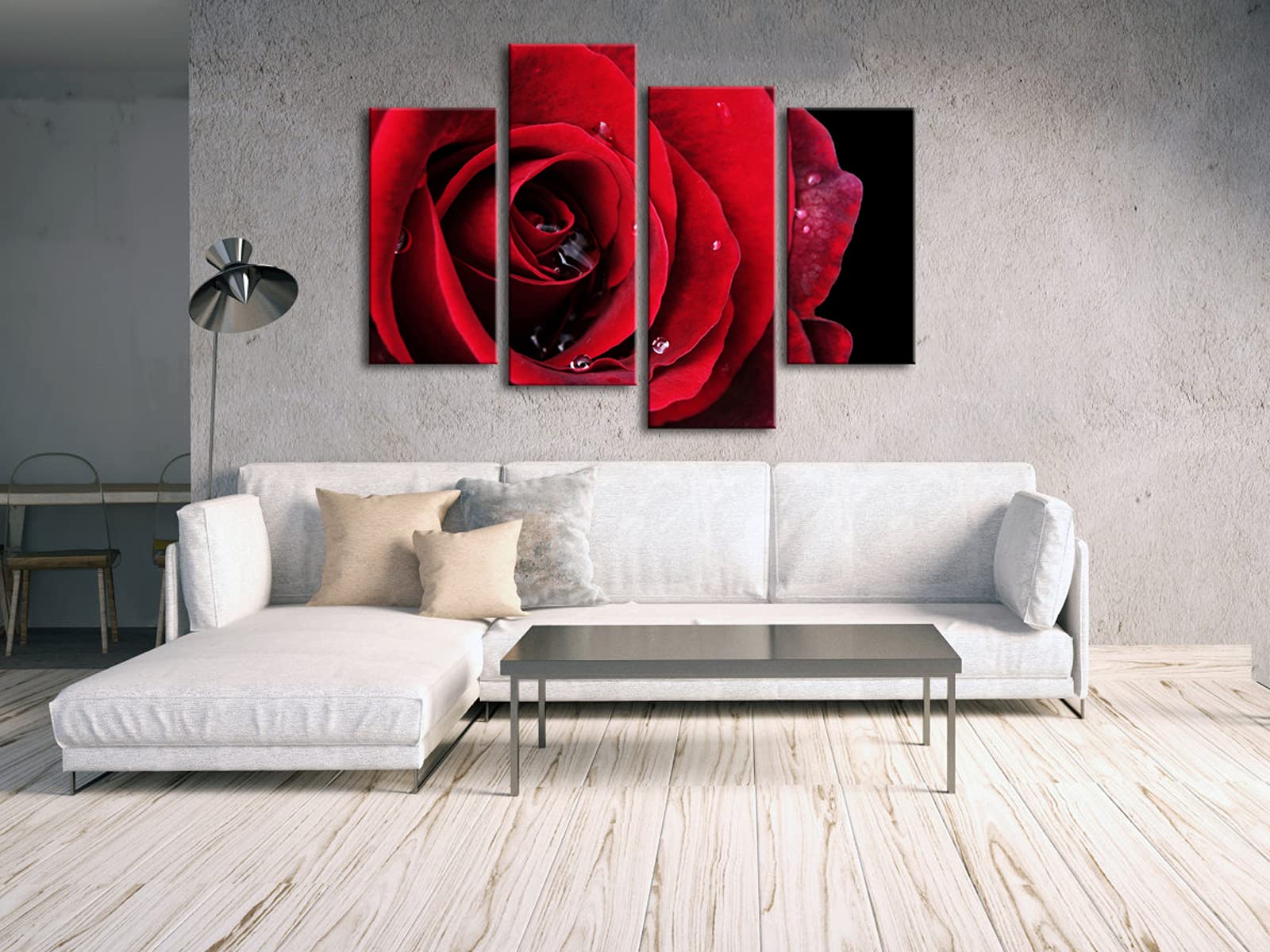 Wieco Art Red Rose On Black Large Modern Stretched And Framed Flowers Giclee Canvas Prints 4 Panels Floral Pictures Paintings On