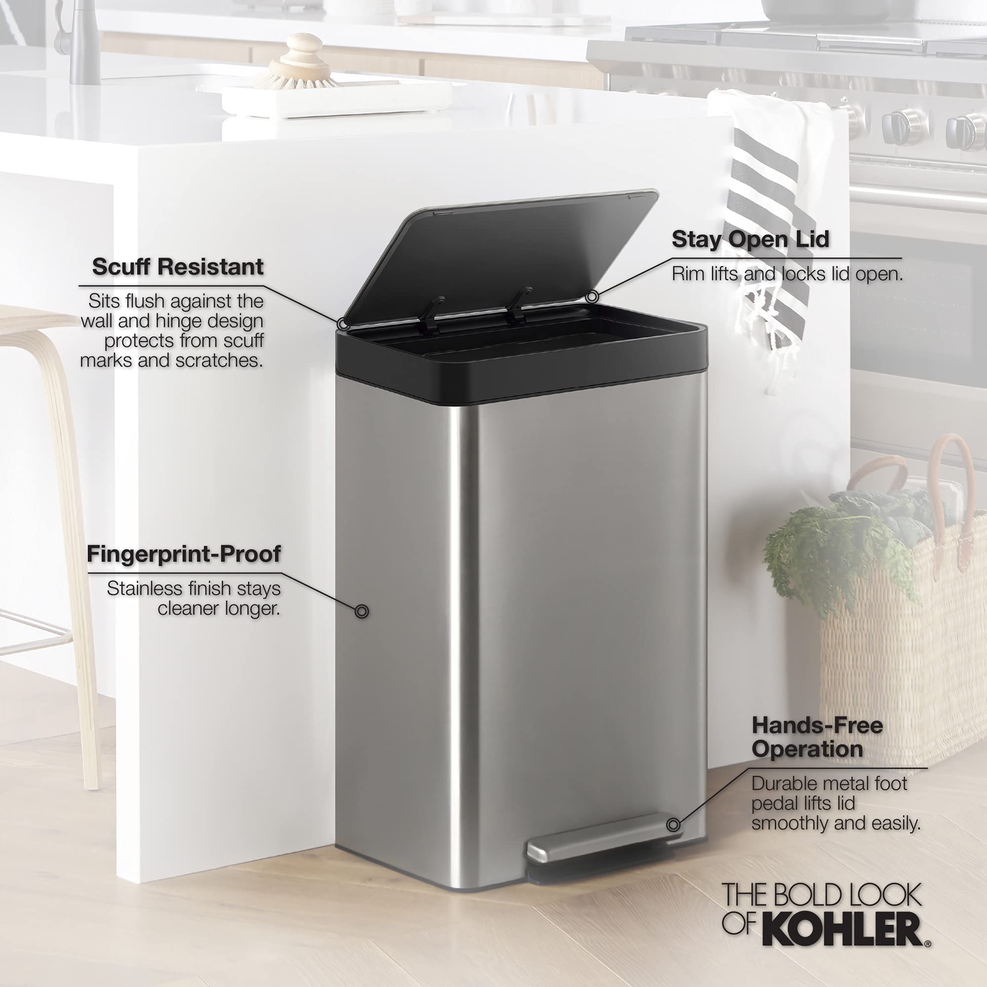 Kohler K-20941-Bst Kitchen Trash Can, 8 Gallon Trash Can Trash With Quiet-Close Lid And Hands Free Foot Pedal In Black Stainless