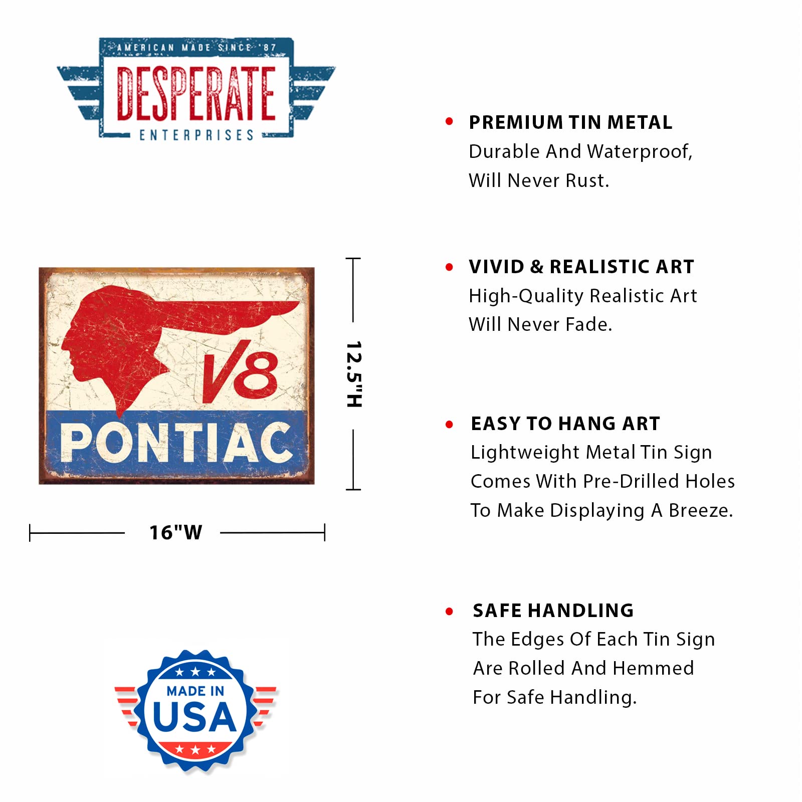 Desperate Enterprises Pontiac V8 Tin Sign - Nostalgic Vintage Metal Wall D?cor - Made in USA