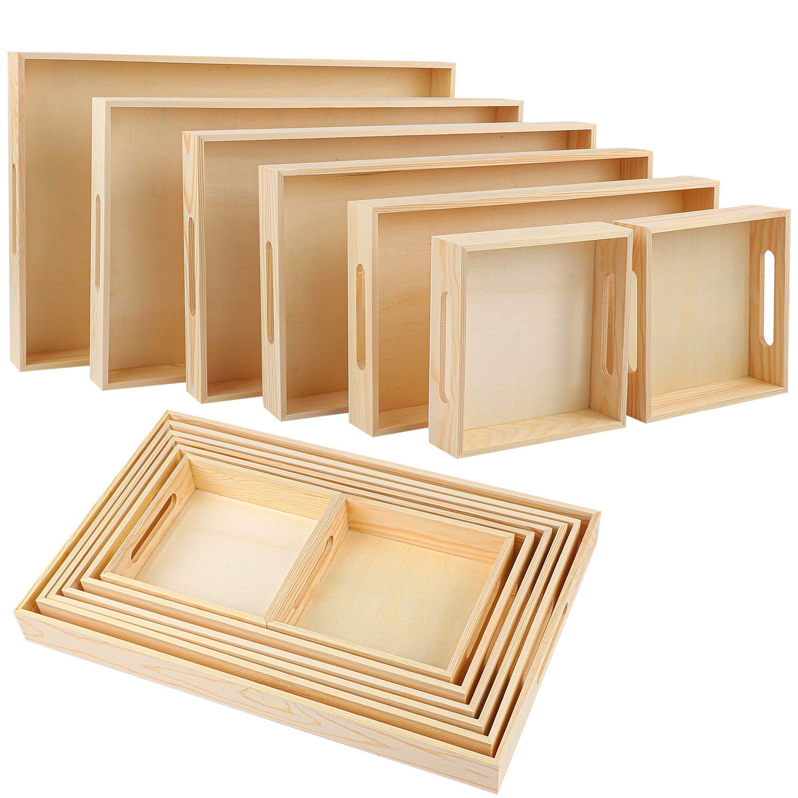 Aodaer 7 Pieces Wooden Nested Serving Trays Rectangular Shape Wood Trays Serving Trays With Handles For Kitchen Party Dinner Sna