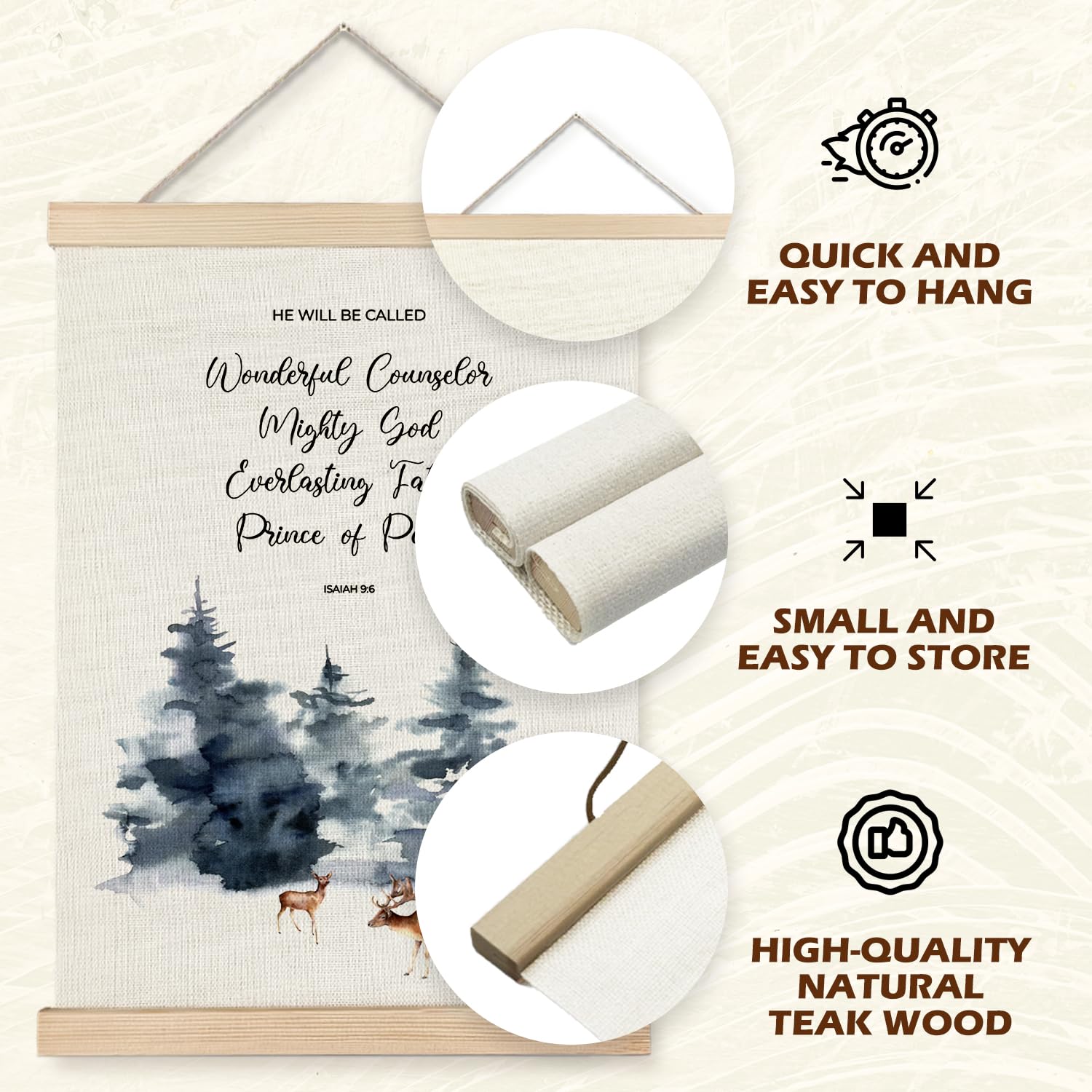 Supwhd Christmas Bible Verses Wall Art With Wooden Poster Hanger, Isaiah 9:6 Christian Wall Decor, Christmas Tree Deer Wall Deco