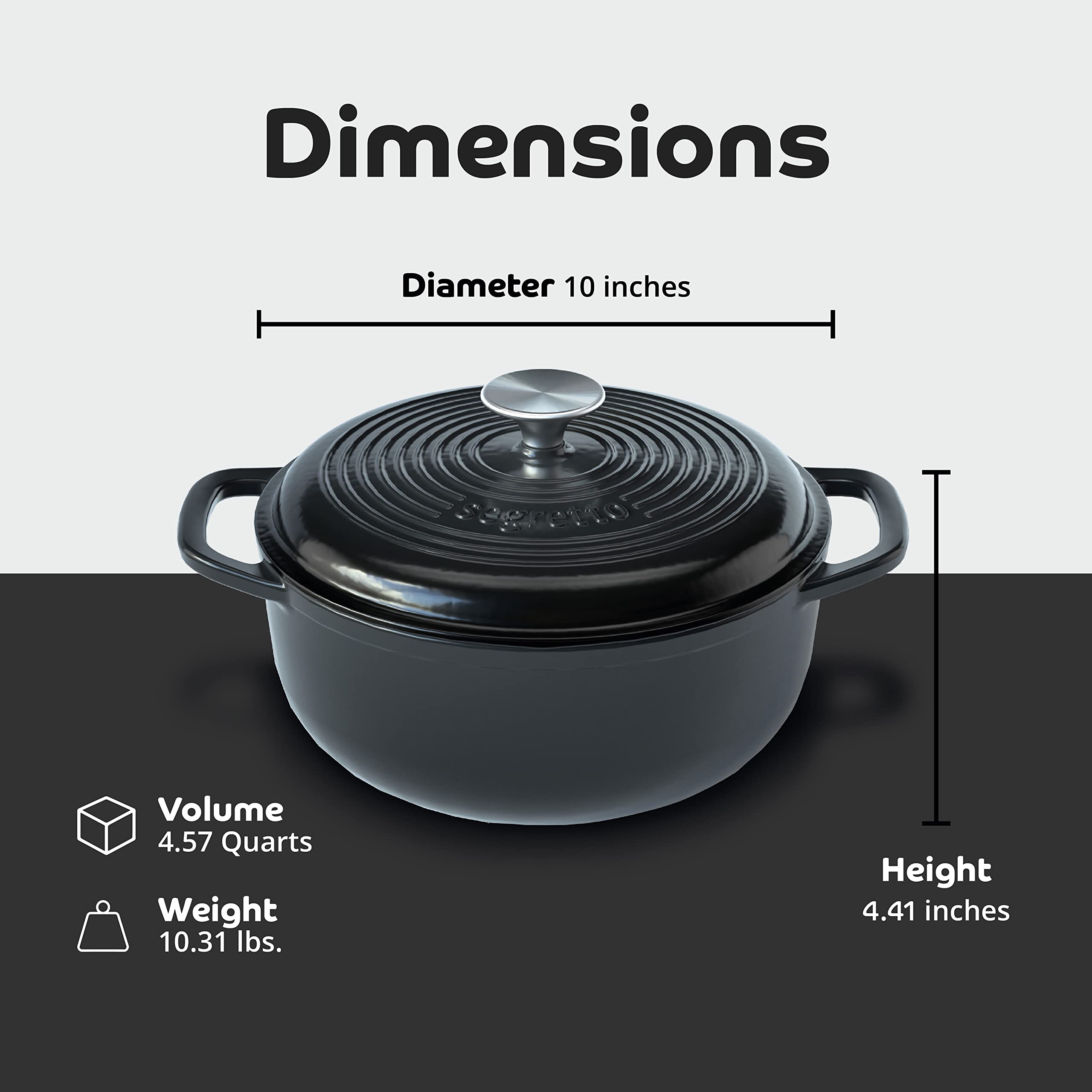 Segretto Cookware Enameled Cast Iron Dutch Oven With Handle, 4.57 Quarts, Nero (Black) 4.57 Qt Oven Safe Dutch Oven Pot With Lid
