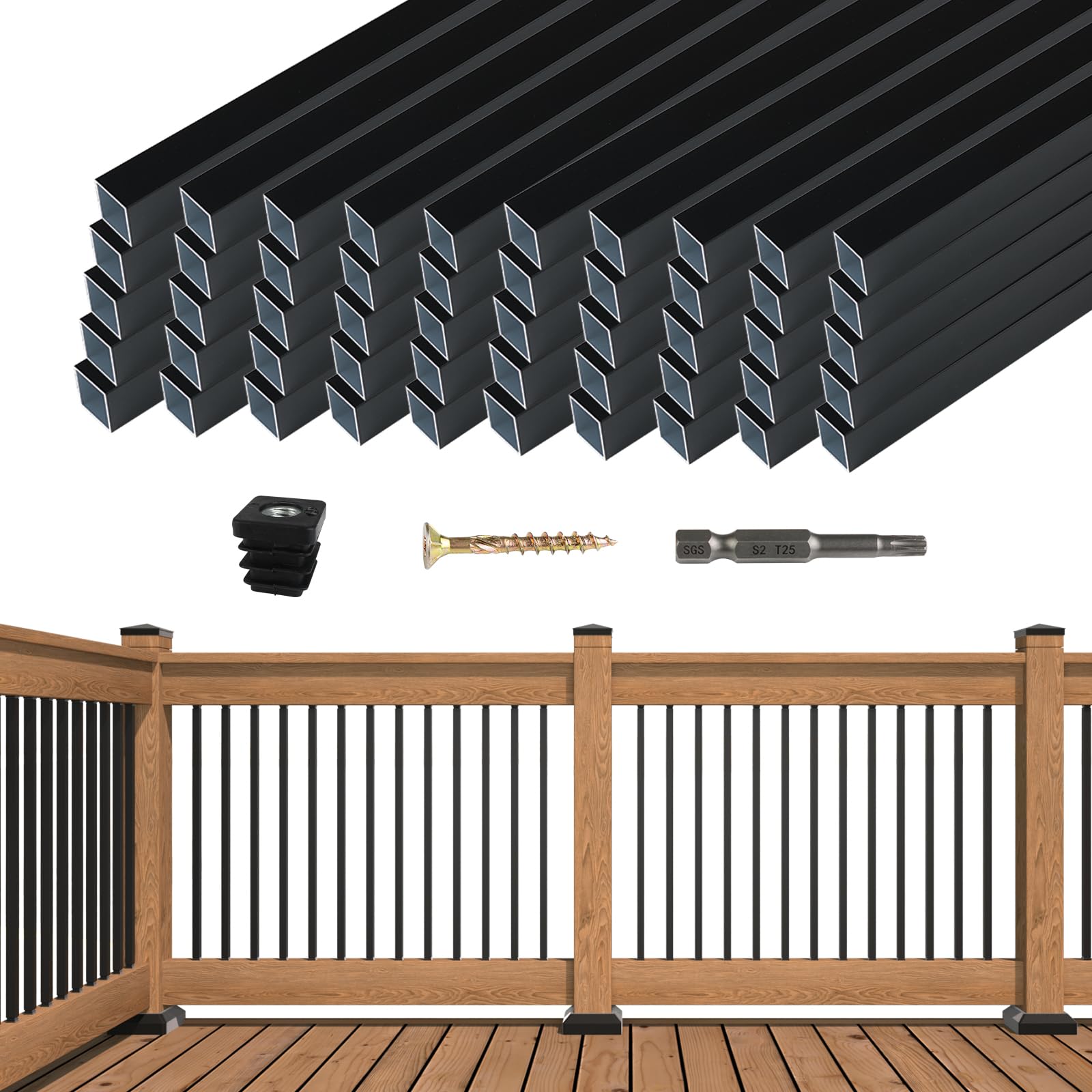 Muzata 50Pack 26 x3/4 Aluminum Deck Balusters Square Baluster Deck Railing Black Hollow Spindles with Screws for Railing Fencing Porch WT12-New Condition