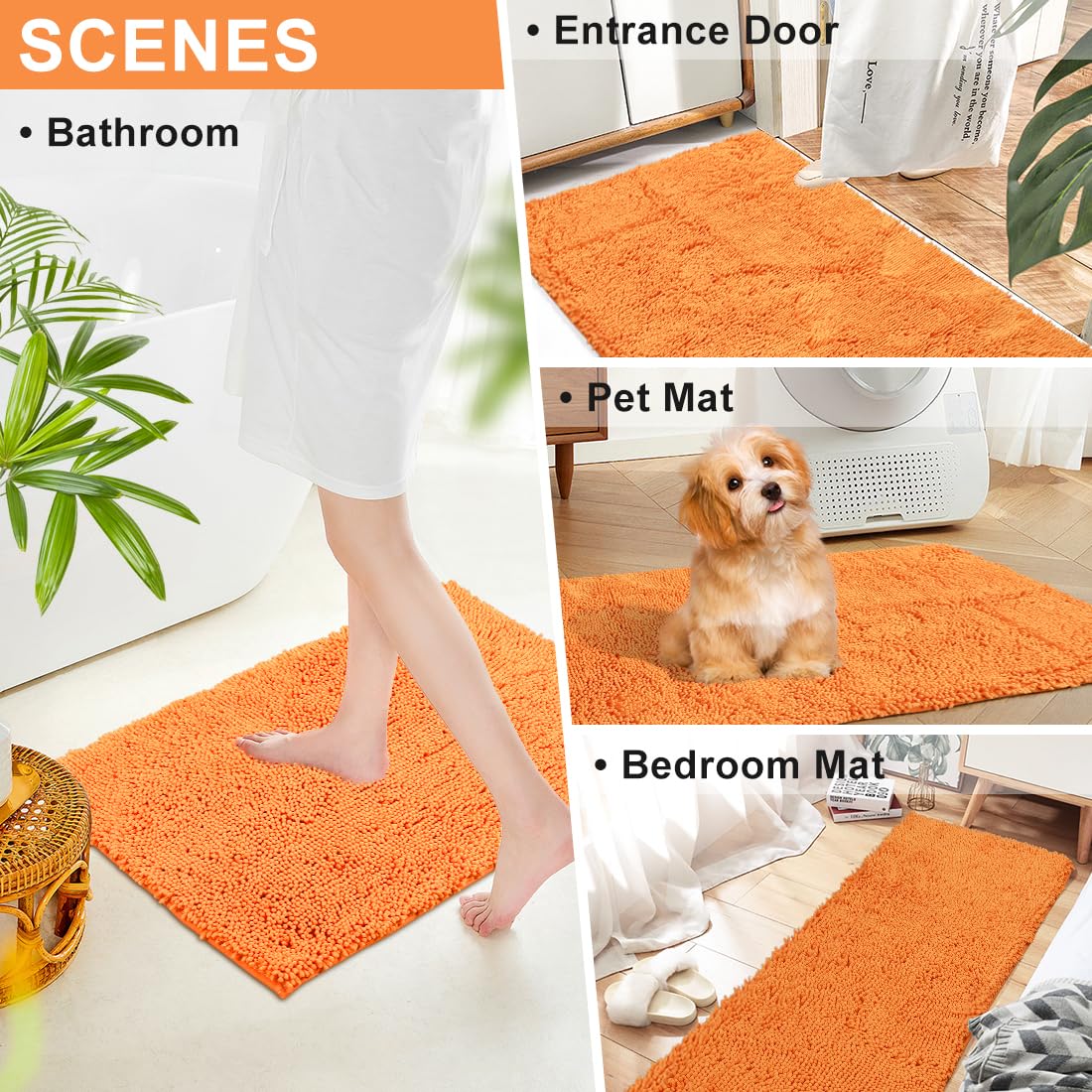 Vctops Plush Chenille Bath Rugs Extra Soft And Absorbent Microfiber Shag Rug, Non-Slip Runner Carpet For Tub Bathroom Shower Mat