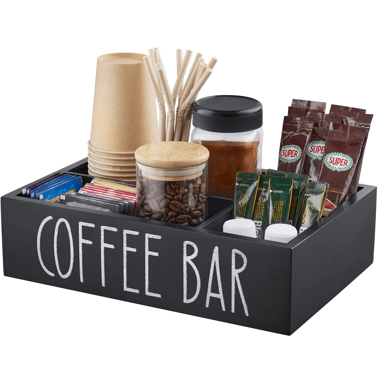 Alelion Coffee Station Organizer With Removable Dividers - Wood Bar Accessories Organizer For Countertop - Pod Holder Basket For