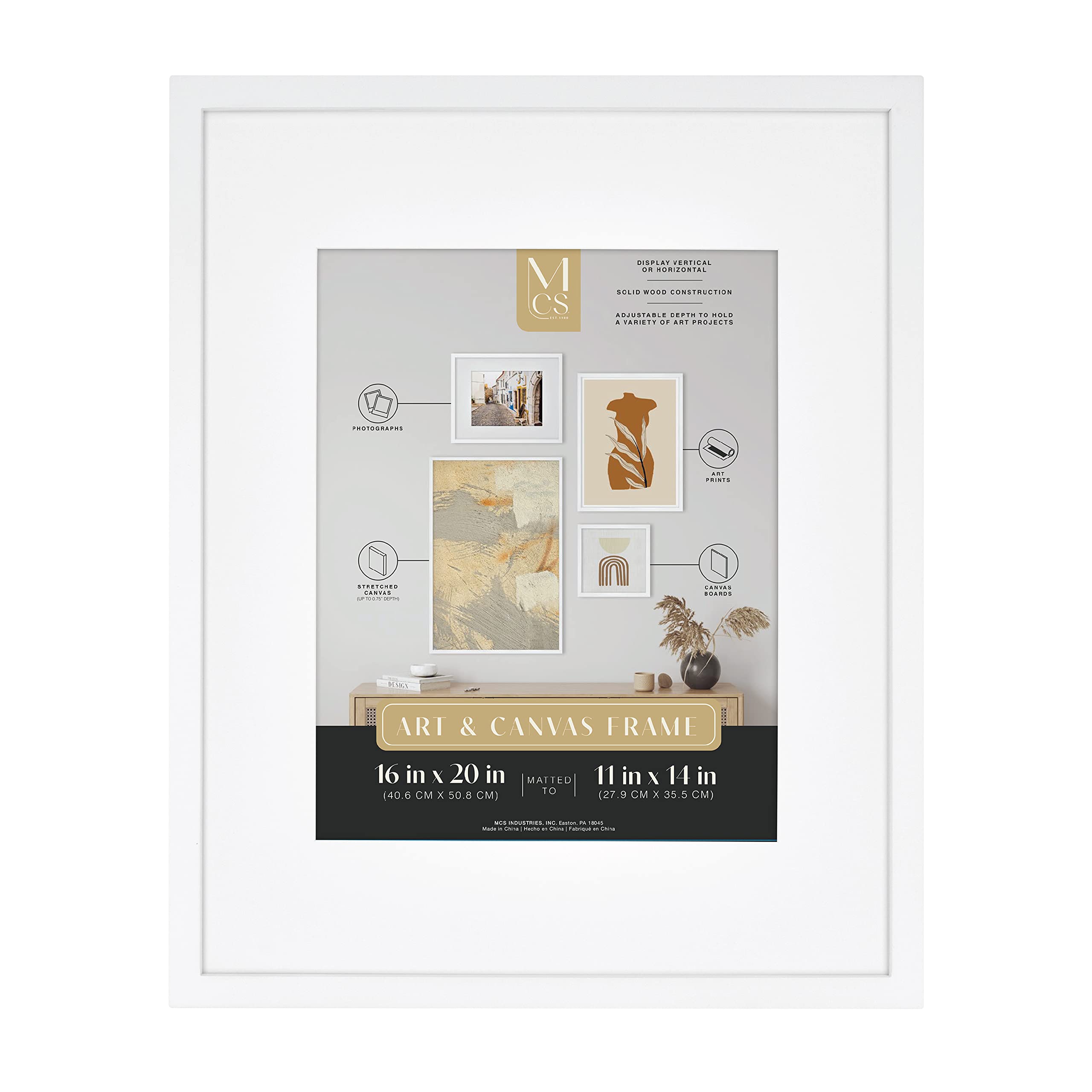MCS Gallery Wooden Frame for Canvas, Art Boards, Photos and more, White, 16x20 with 11x14 Mat