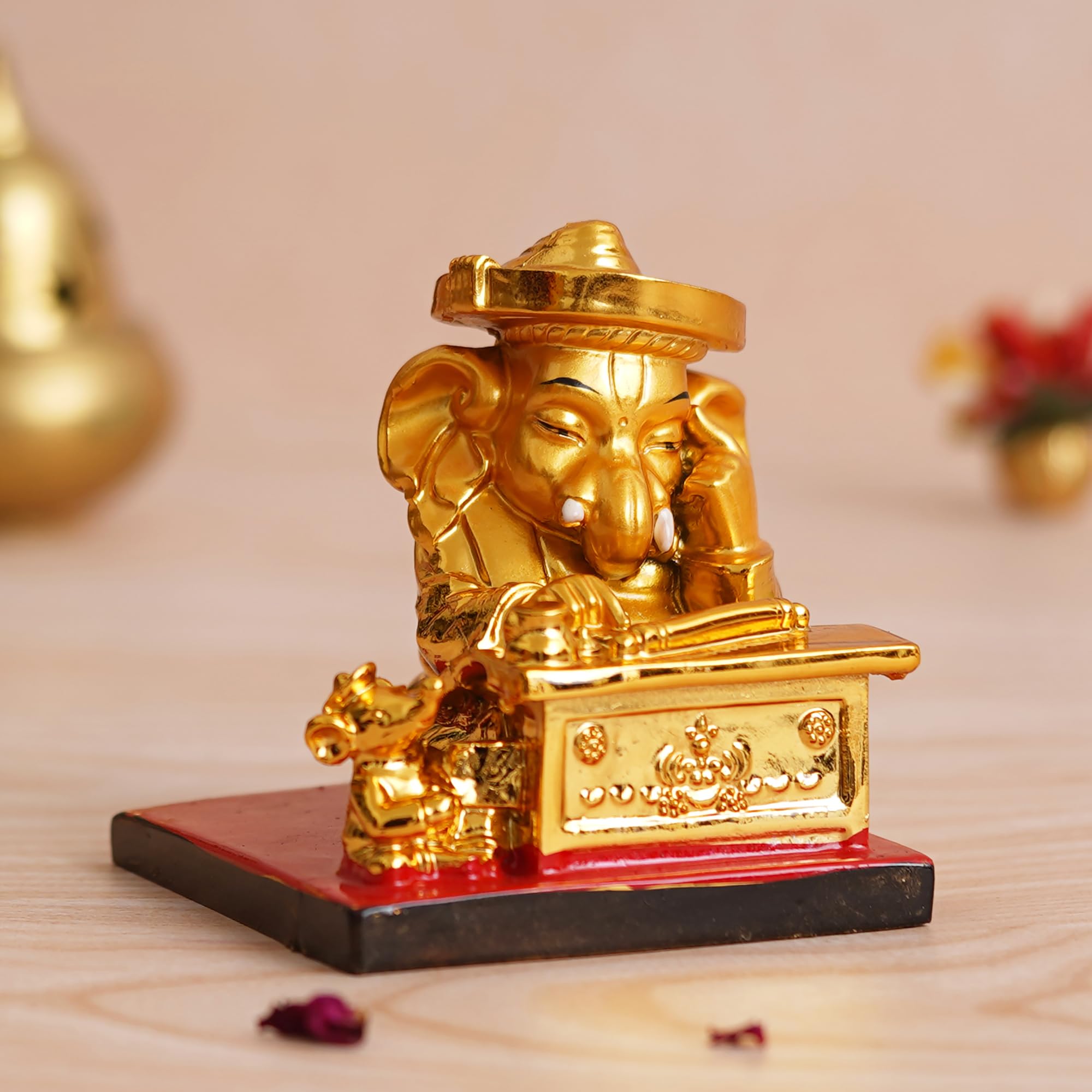 Ecraftindia Golden Resin Munim Lord Ganesha Statue | God Idol For Office, Shop, Study Table, Home Temple, Car Dashboard | Ideal