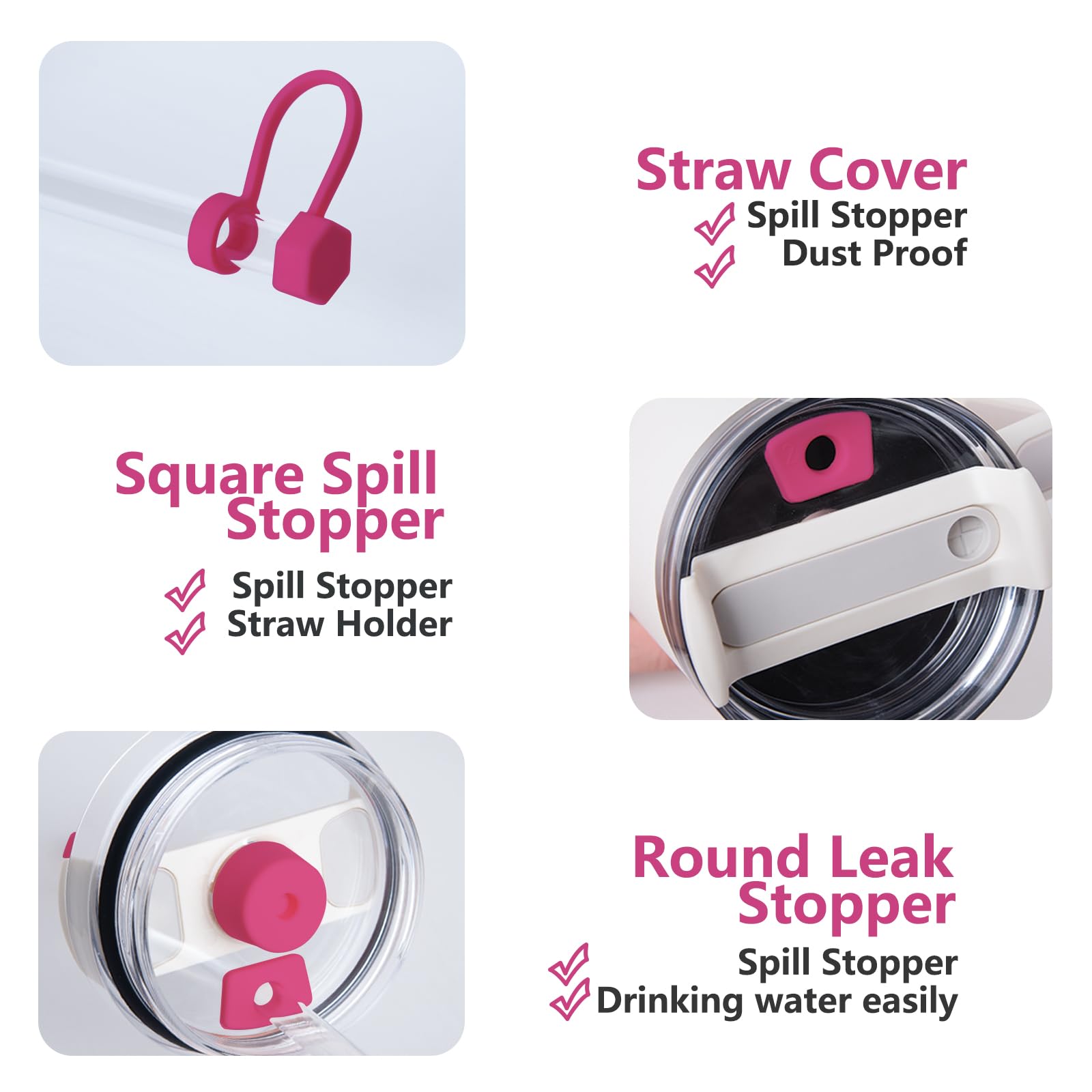 Dunlague Silicone Spill Stopper Set For Stanley Cup 2.0 30Oz & 40Oz With Straw Cover (Set Of 4, Cosmo Pink)