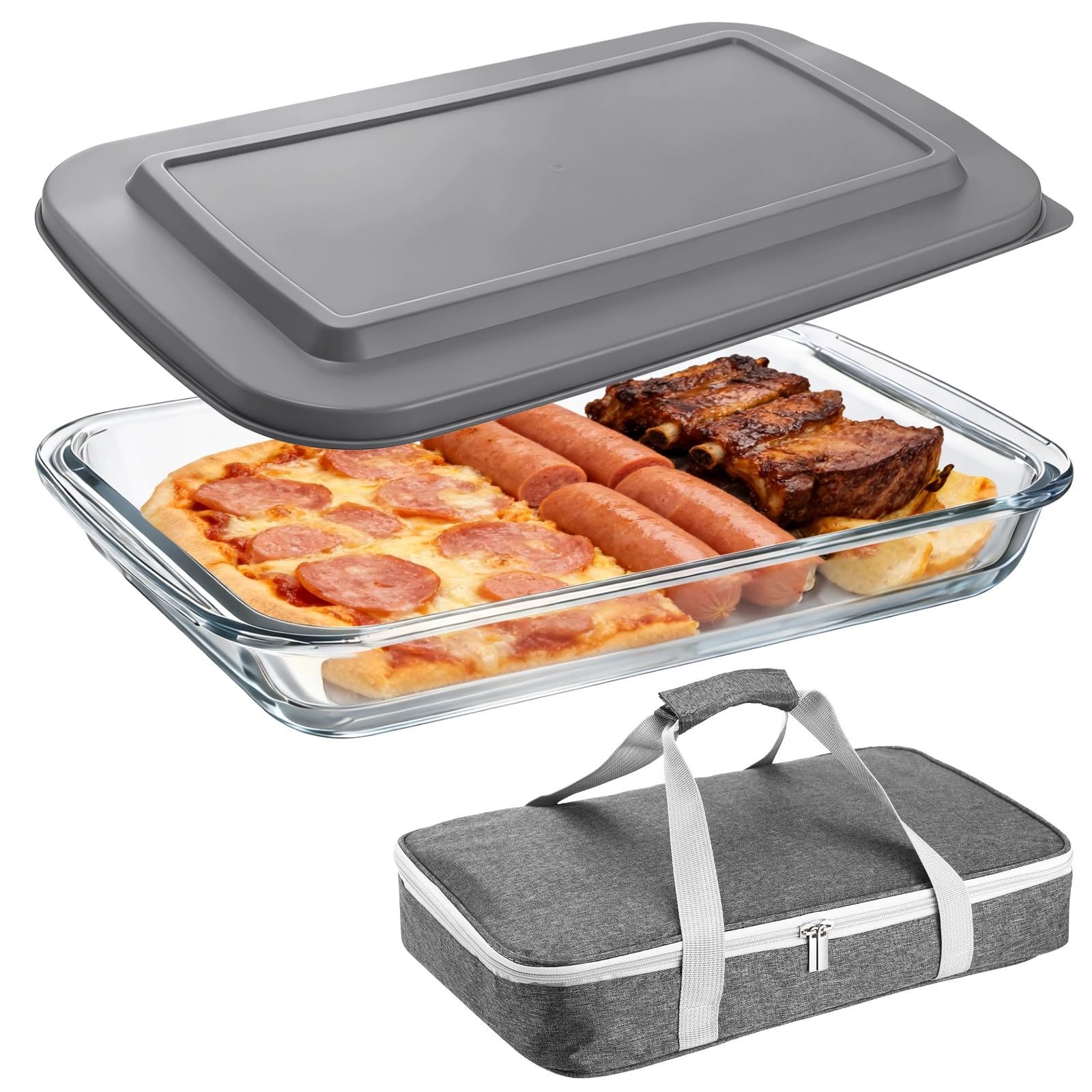 Glass Baking Dish with Lid, 9 x 13in High Borosilicate Glass Casserole with Insulated Carry Bag, Heat Resistant Food Container f