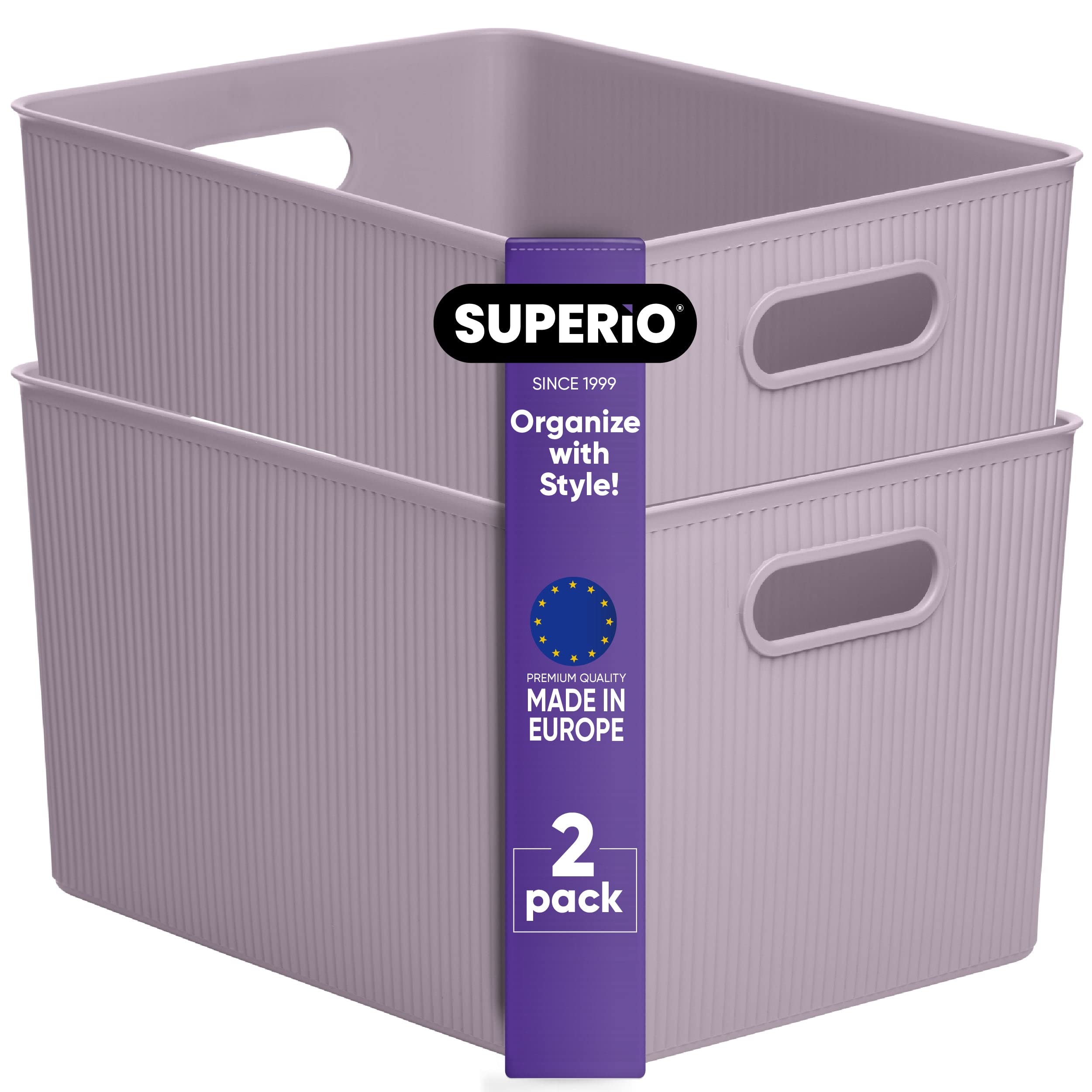 Superio Ribbed Collection - Decorative Plastic Open Home Storage Bins Organizer Baskets, X-Large Lilac Purple (2 Pack) Container