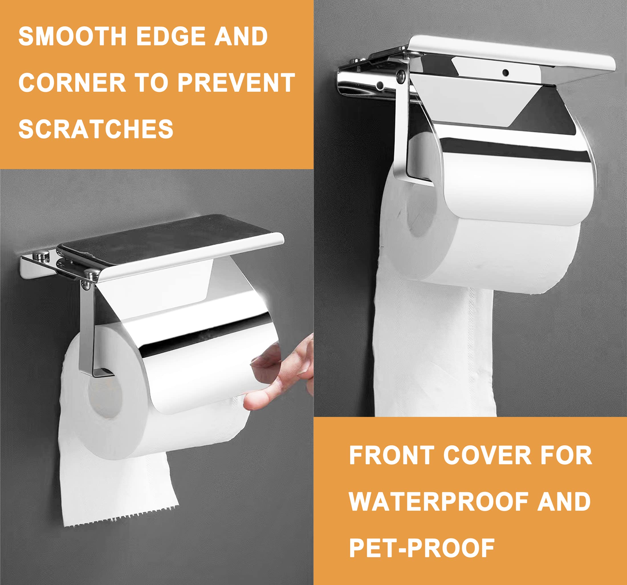 YEAVS Toilet Paper Holder with Phone Shelf and Waterproof Cover  SUS 304 Stainless Steel Tissue Roll Storage Rack (Polished Chrome)
