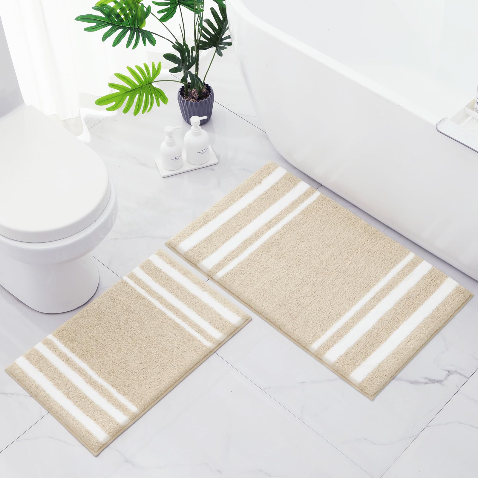 Homeideas Bathroom Rug Set 2 Piece, Striped Super Absorbent Soft Microfiber Non-Slip Washable Bath Mats For Shower And Tub (Beig