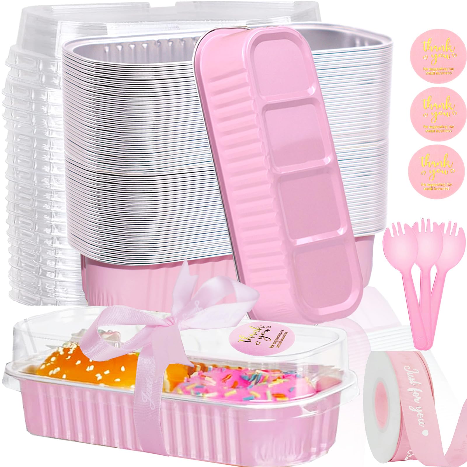 BZIDII 50 Pack Mini Loaf Pans with Lids and Spoons, 6.8 Oz Mini Cake Pans with Lids for Baking,Pink Disposable Rectangle Aluminu