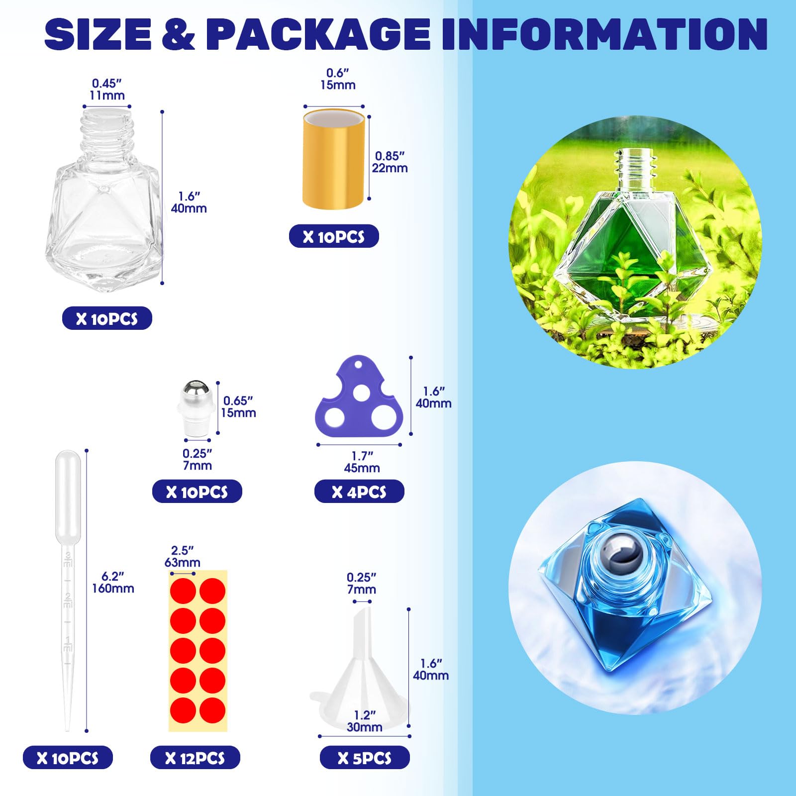Waltool 41Pcs 8Ml/0.27Oz Polygonal Clear Glass Roller Bottles Kit Contains Stainless Steel Empty Refillable Roll On Glass Bottle