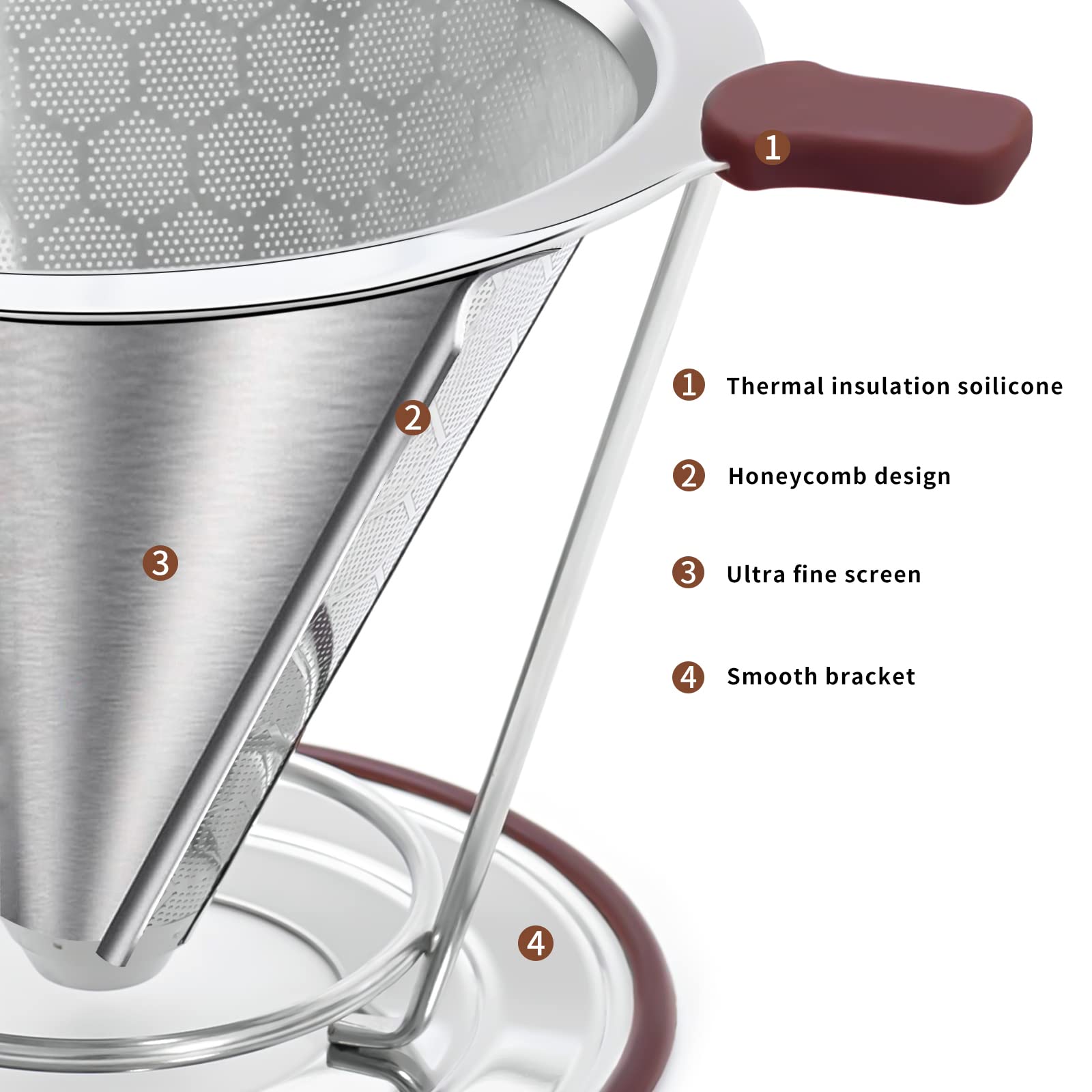 Pour Over Coffee Dripper, Misetto Stainless Steel Filter,Easy To Clean Paperless Pour Over Coffee Maker,Reusable Filter,Cone Dri