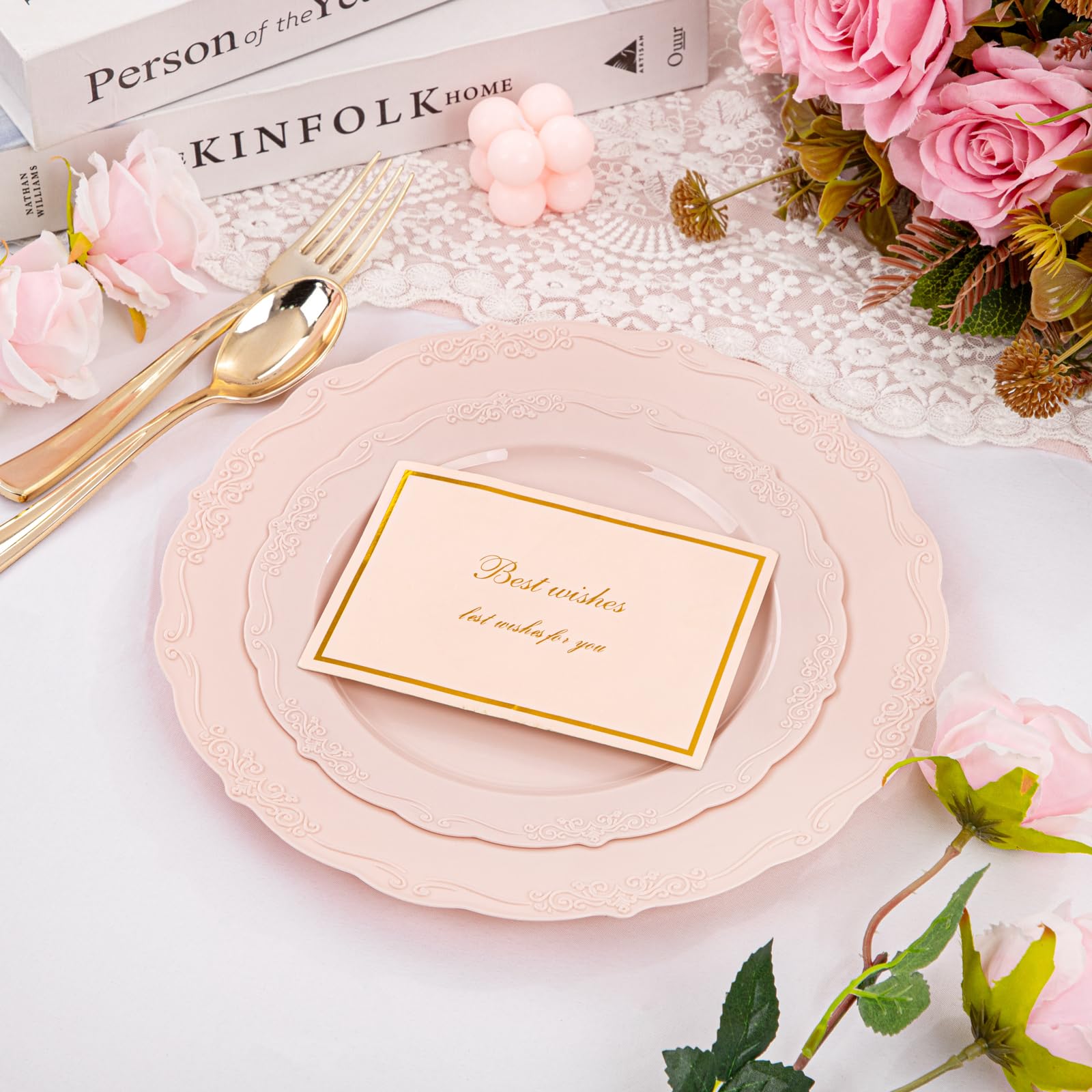 U-Qe 100Pcs Mauve Pink Plastic Plates For Party - Plastic Party Plates Disposable Heavy Duty - Pink Valentines Plates For Valent