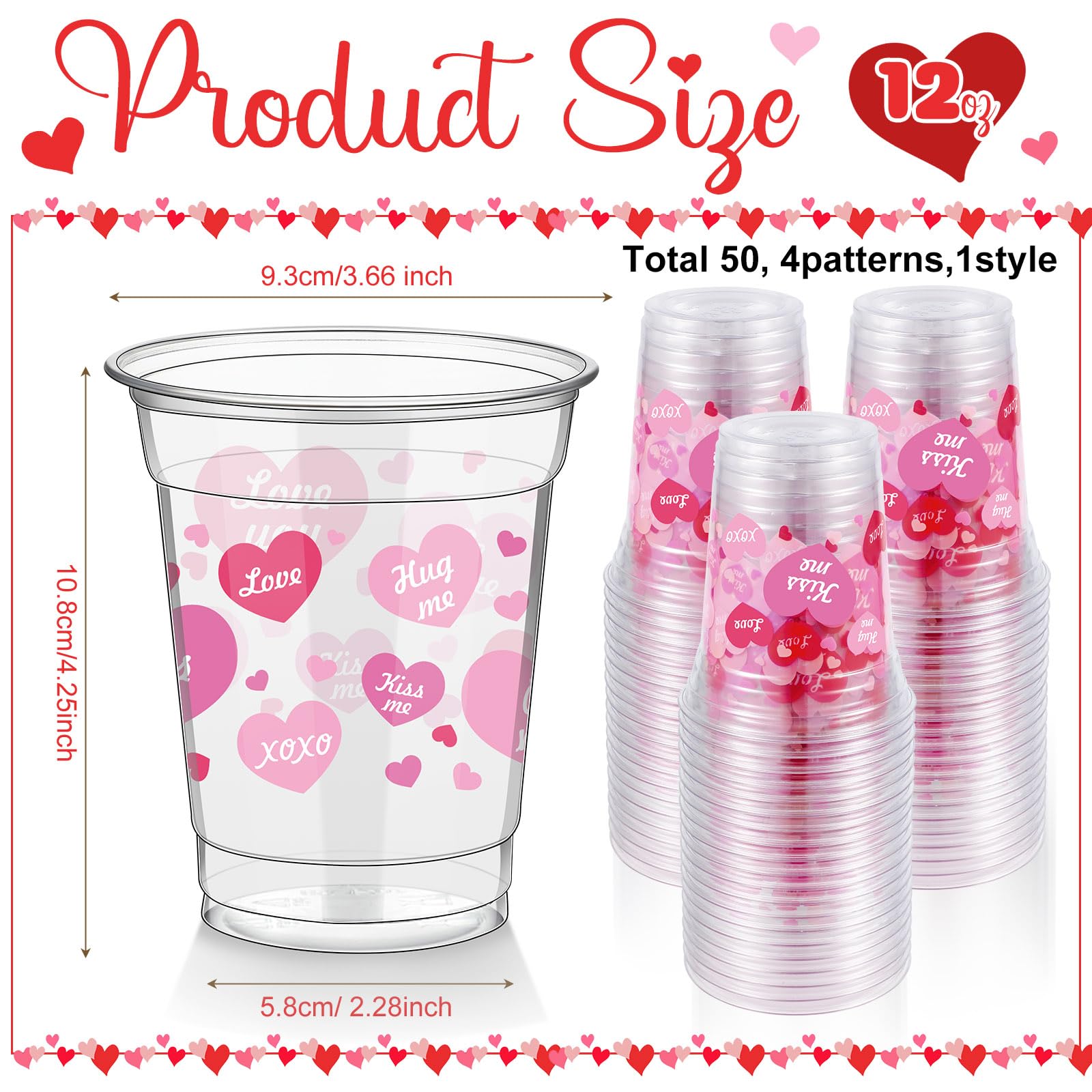 Foldtier 50 Pcs Valentine'S Day Heart Plastic Cups Bulk 12 Oz Valentines Conversation Clear Disposable Cup Love Heart For Juice