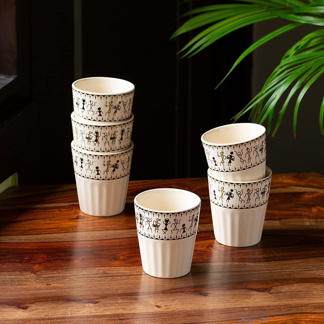 Exclusivelane Whispers Of Warli Ceramic Tea Glass Set Tea Cups For Tea Glasses Set Of 6 (160 Ml, Microwave Safe)|Cearmic Tea C
