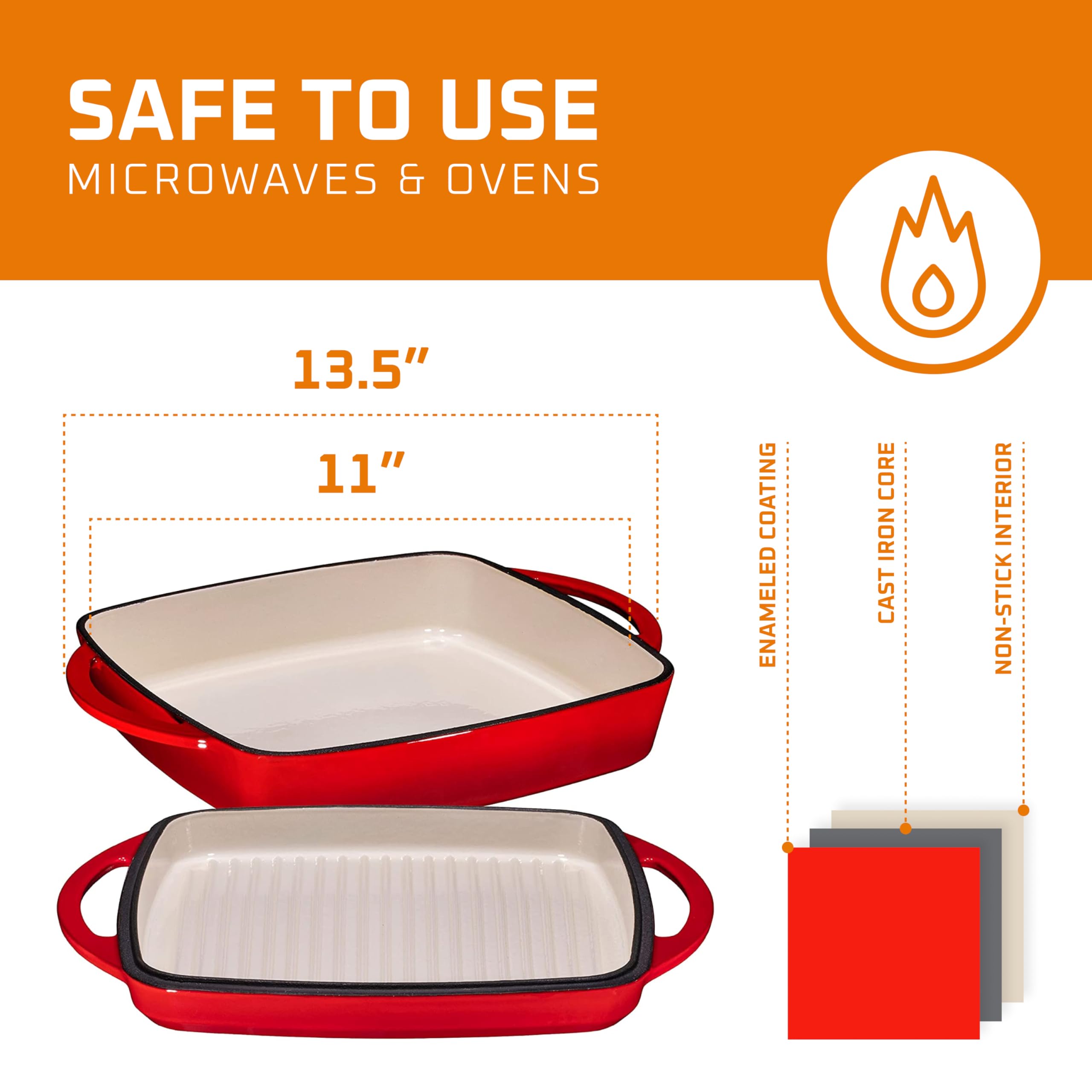 Bruntmor 2-in-1 Square Enameled Cast Iron Dutch Oven Baking Pan and Gridle Lid with Dual Handles  Cast Iron Skillet lid  Coating Gridle for baking  bacon Steaks - Red