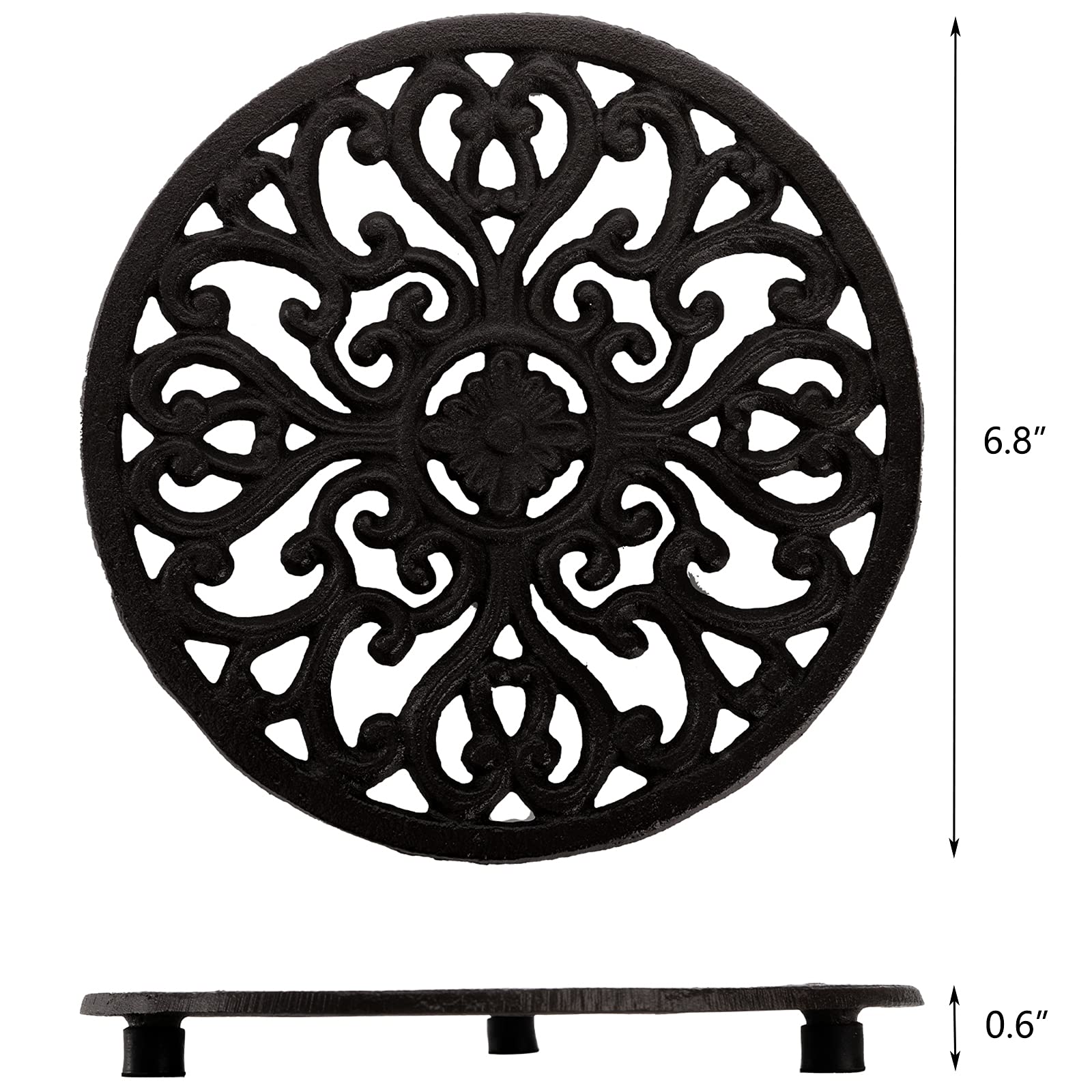 Hedume 2 Pack Cast Iron Trivet, 6.8'' Cast Iron Round Trivet With Vintage Pattern And Rubber Pegs/Feet For Serving Hot Dish, Pot
