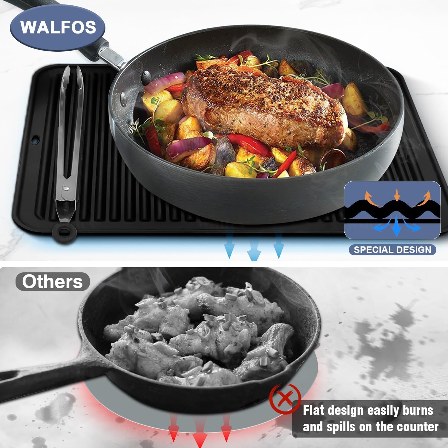 Walfos Xxl Silicone Trivet 16 Inch And Trivets Mats 12 Inch, Trivets For Hot Pots And Pans, Heat Resistant Pot Holders Hot Pads