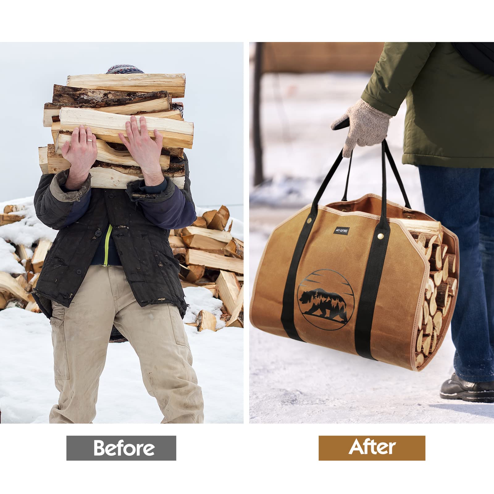 Art-Giftree Large Firewood Carrier 39 X 18 Inches Waxed Canvas Logs Carrier Tote Bag With Handles, Heavy Duty Wood Holder For Fi