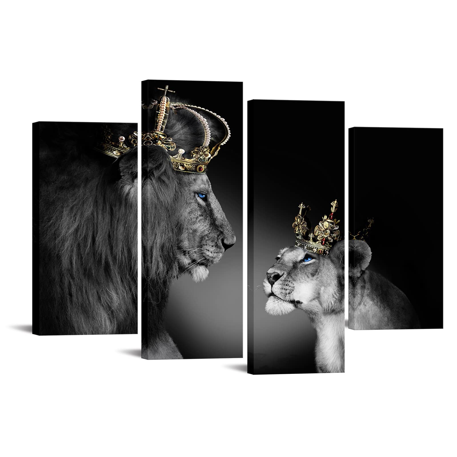 Large 4 Panel Wall Decor The Lion King And Queen With Crown Wall Art African Wild Animals Canvas Prints Pictures Black And White