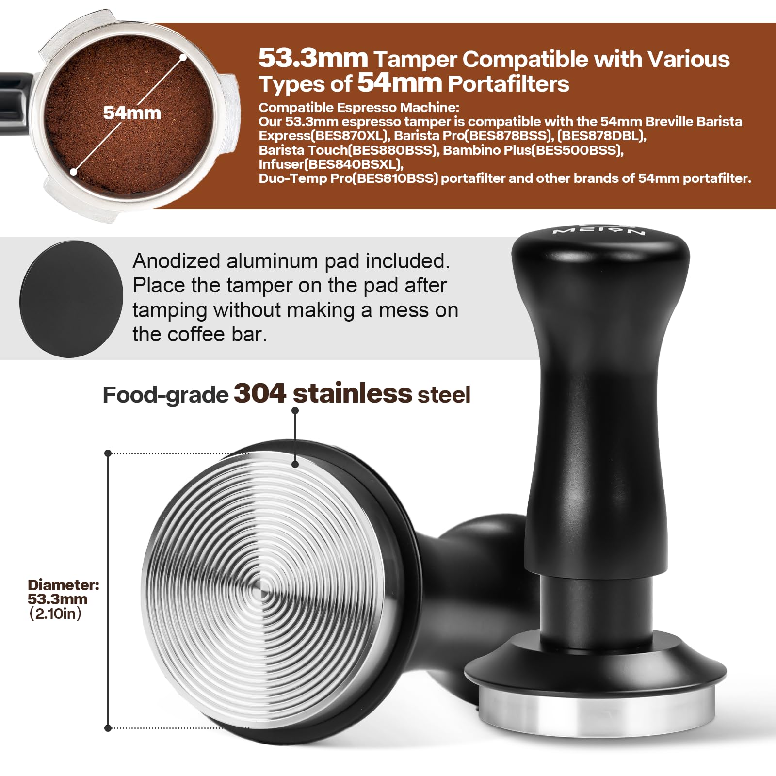 Meion Espresso Tamper 53.3Mm Coffee Tamper, Calibrated Dual Spring Loaded Barista Tamper With Stainless Steel Base, Comes With A