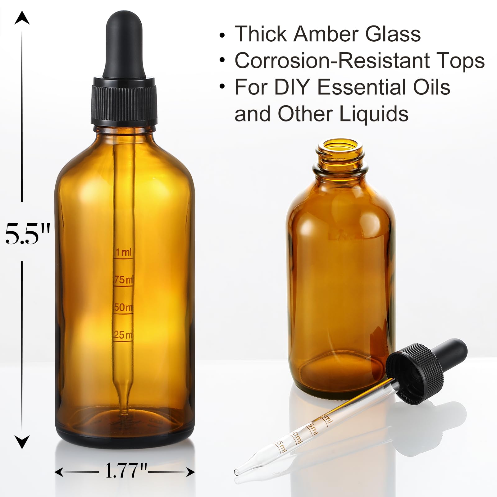 4 Pack 100Ml Glass Dropper Bottles With Measured Dropper - 3.4Oz Dark Amber Tincture Bottles With Graduated Calibrated Glass Eye