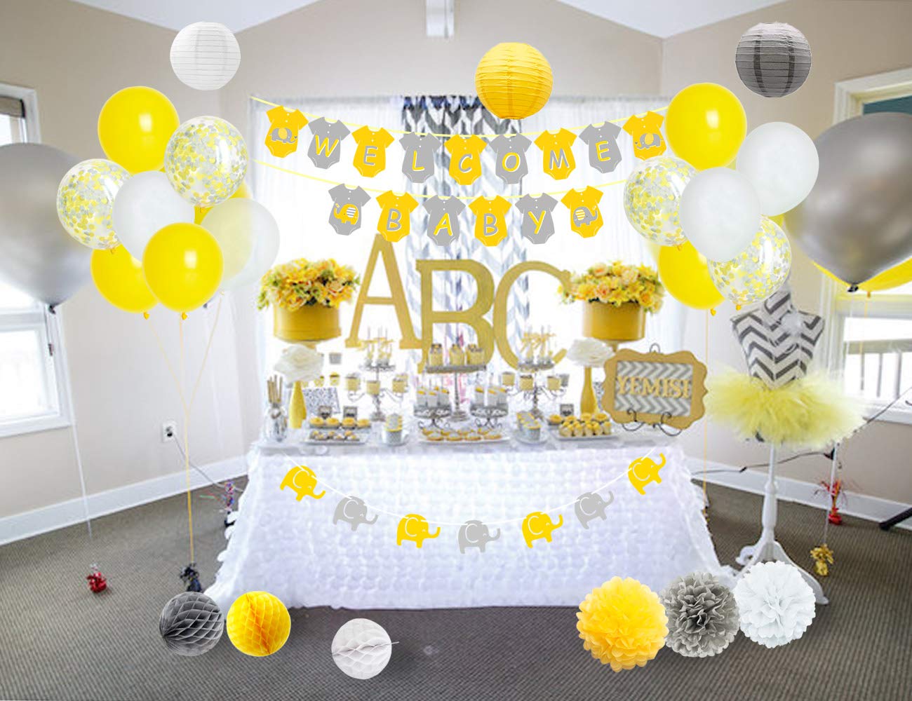 Joymemo Yellow Grey Elephant Baby Shower Decorations Neutral For Boy Or Girl, Welcome Baby Banner Elephant Garland Confetti Ball