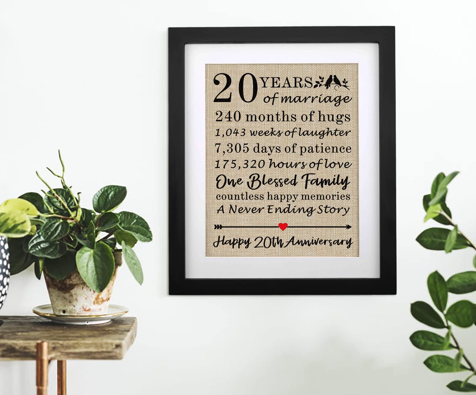 Framed 20Th Anniversary Burlap Print Gifts For 20Th Wedding Anniversary Keepsake Gift For Husband Wife 20Th Anniversary 20 Years
